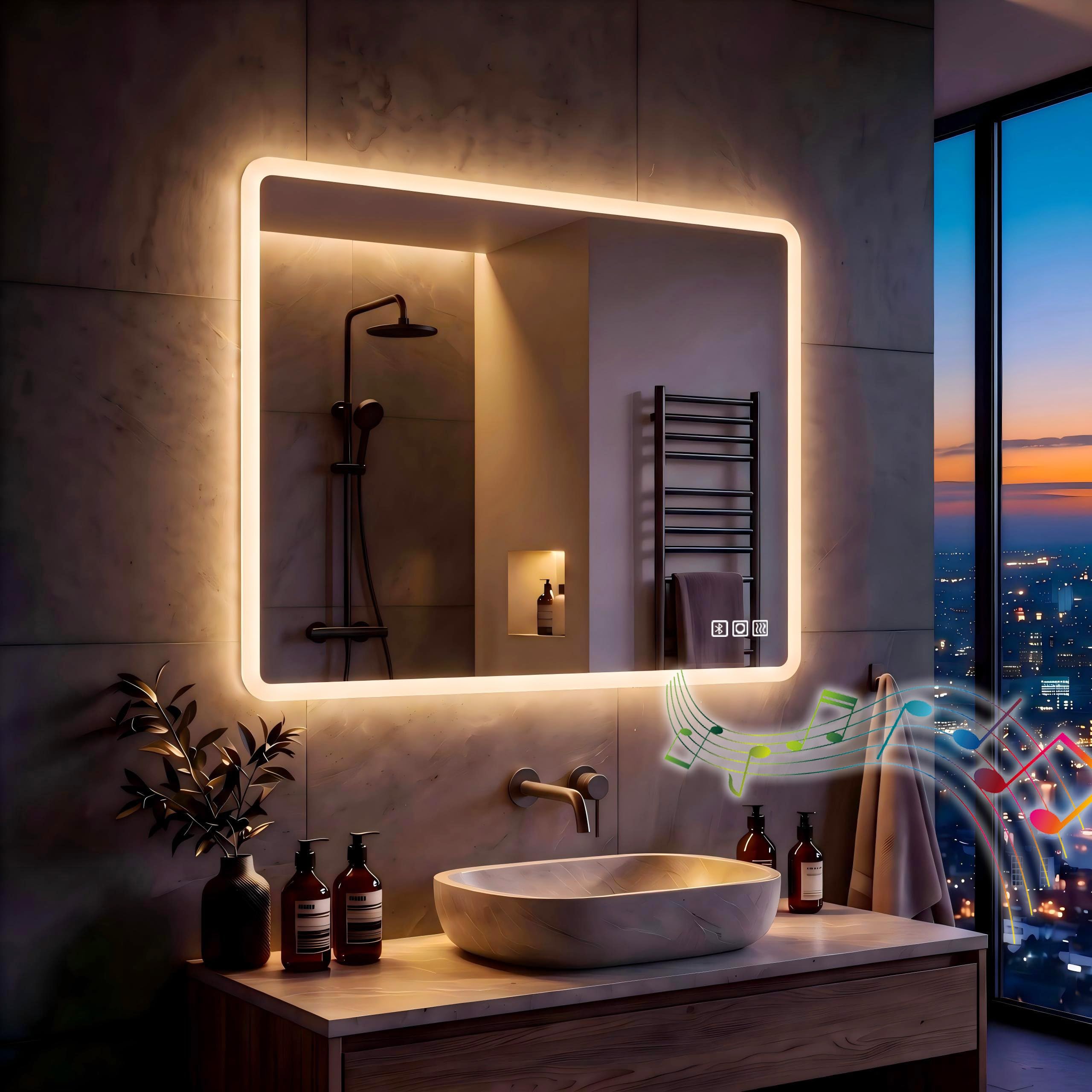 MIQU Badspiegel LED 80 x 60 cm Badezimmerspiegel mit Beleuchtung Groß Spiegel mit Licht Touch dimmbar Rechteckig Wandspiegel mit Bluetooth + Steckdose +Beschlagfrei + 3 Lichtfarben