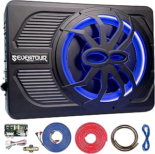 10" 800W Slim Under Seat Powered Car Subwoofer, Car/Truck Audio Sub Built in Amplifier, New Upgrade with Blue LED Ambient Light