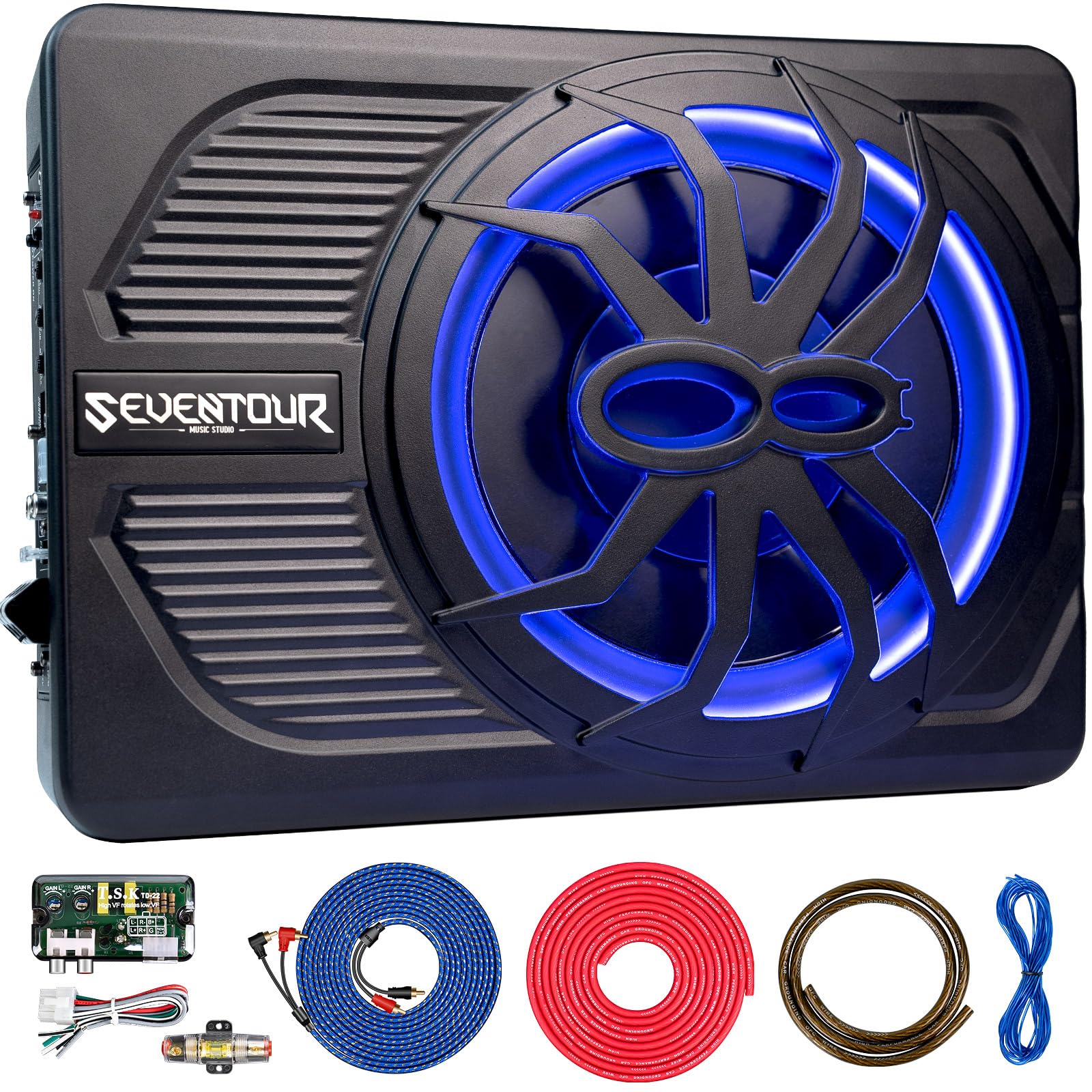 10" 800W Slim Under Seat Powered Car Subwoofer, Car/Truck Audio Sub Built in Amplifier, New Upgrade with Blue LED Ambient Light