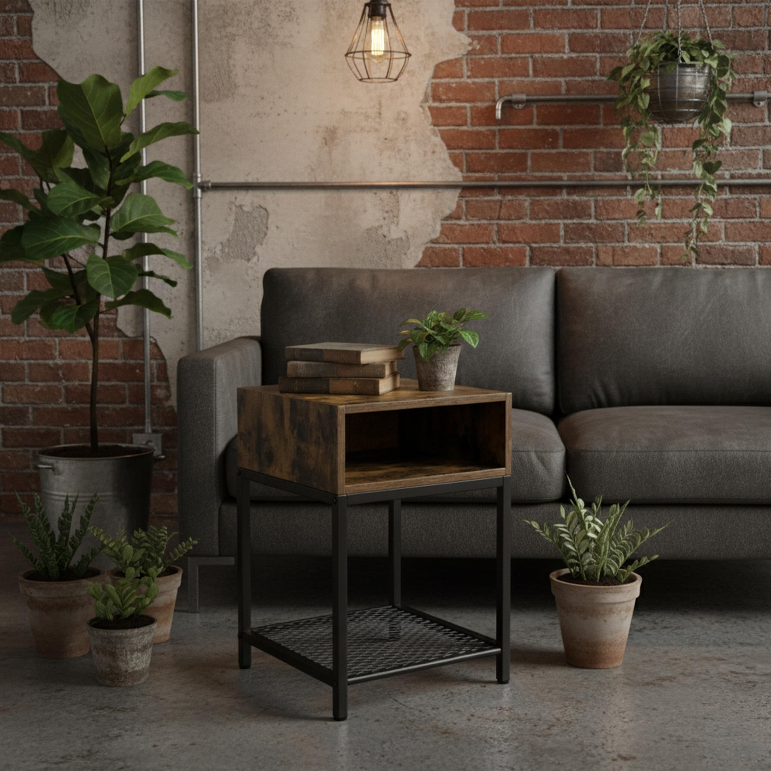Relaxdays Stolik nocny, półka i półka, wys. x szer. x gł.: 58 x 40 x 40 cm, industrialny, wygląd drewna, metal, szafka nocna, ciemnobrązowy/czarny