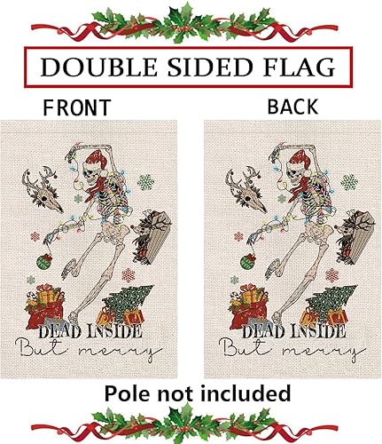 Miniatura 3 de Bandera de jardín de Navidad con esqueleto muerto en el interior pero feliz de doble cara para exterior de arpillera vertical, divertida, Navidad,