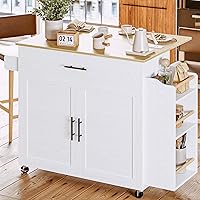 IRONCK White Rolling Kitchen Island with Drop Leaf, Storage Cabinet, Drawer & 3-Tier Spice Racks - Mobile Cart on Lockable Wheels