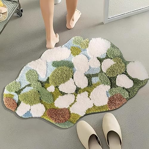 Miniatura 2 de TOWDREU Tapete de baño de musgo, color blanco, verde y blanco, tapete de forma irregular de musgo, alfombra de cocina estética 3D, suave,