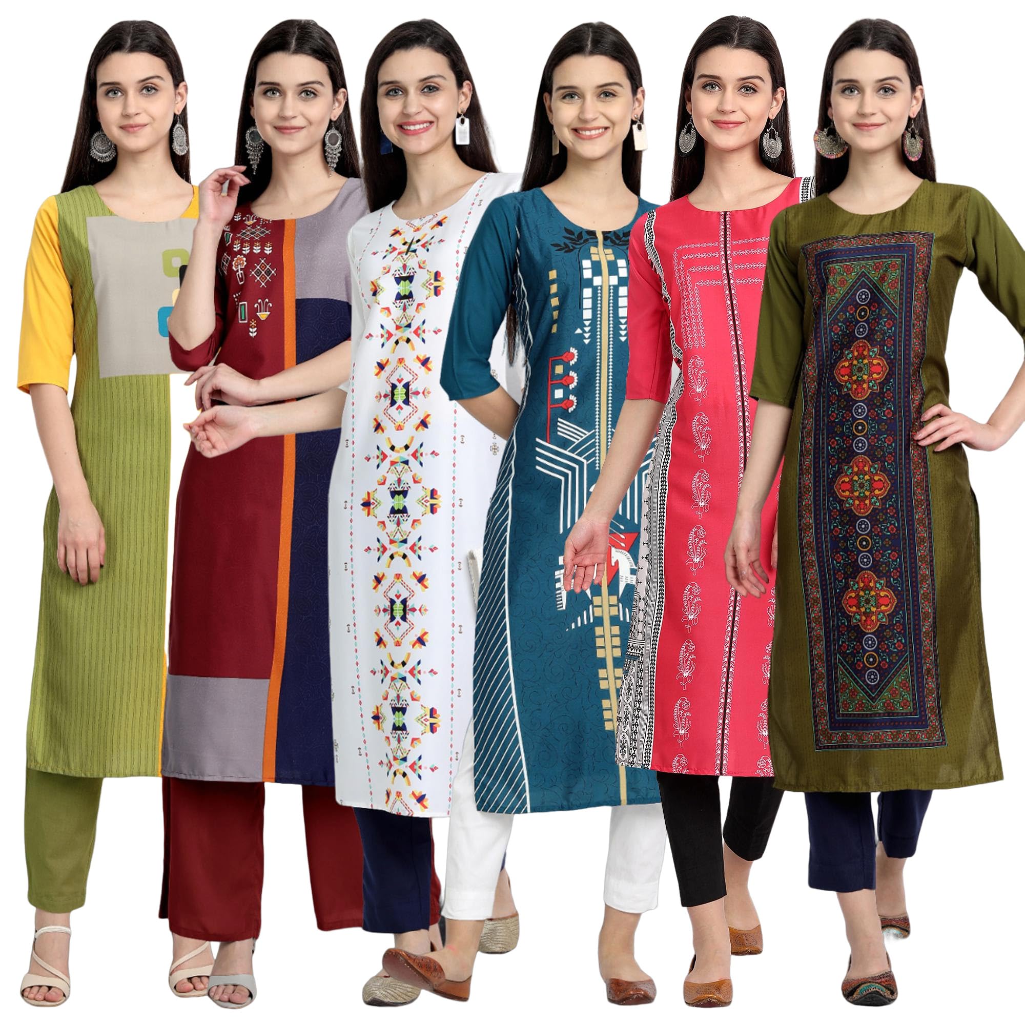 Pinkmint Elegant Printed Crepe Kurti's For Women's Ll Fashionable Kurti Ll Stright Round Neck Kurti (Pack Of 6)