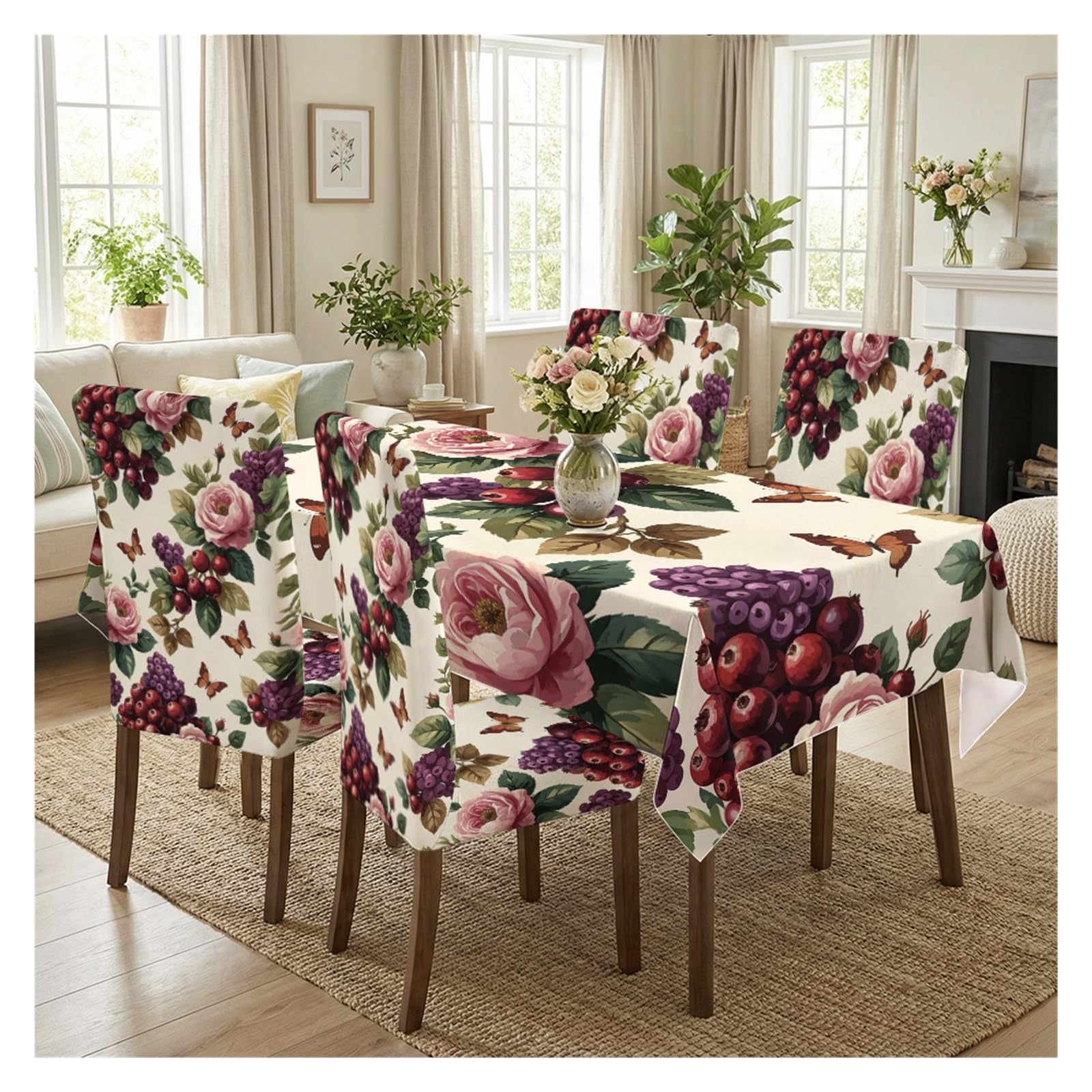 KXUAUV Cream Background Pink Rose Red Berry Butterfly Print Stretch Dining Chair Slipcover & Tablecloth Set, Vintage Garden Dining Decor, 5/7 Pack Party Decor(5pcs Set: Tablecloth+Chair Covers)