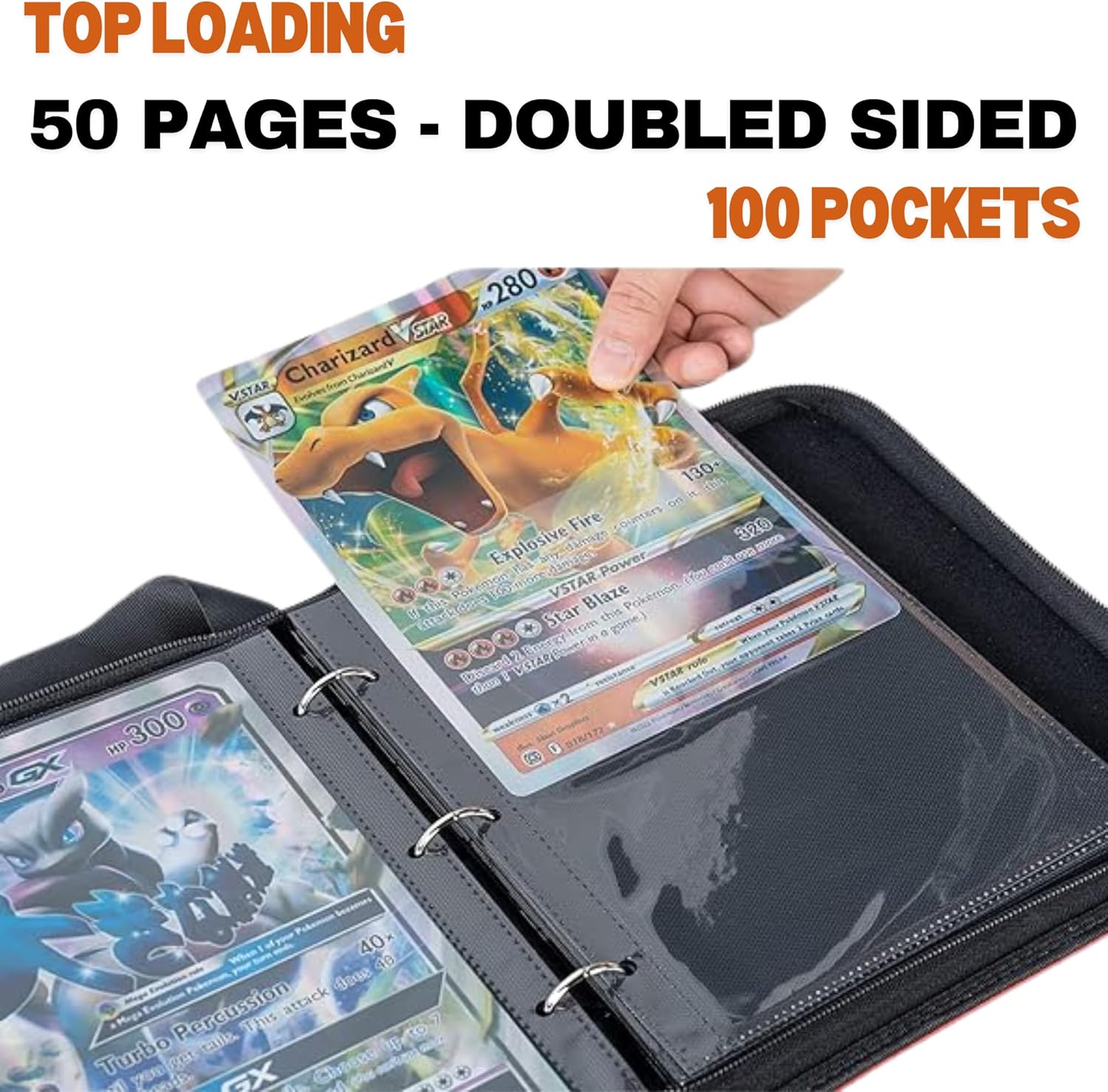 Jumbo Card Binder - 100 Pockets Hold Oversized Big Card 3 Rings With 50 Double Side Removable Premium Pages Portable & Lightweight Orange Leather Jumbo Binder + 25pk (L) + 25pk (XL)