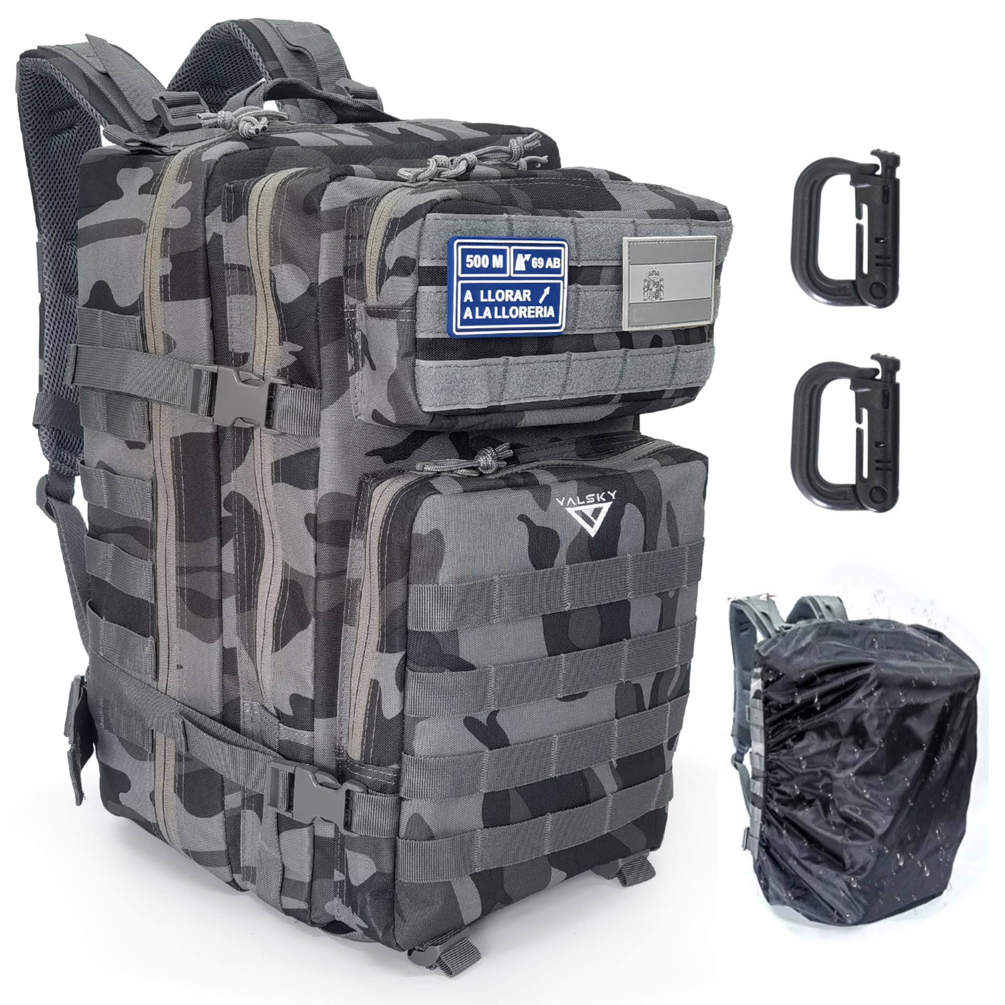 VALSKY® Mochilas Militares Molle 45L con Parche A LLORAR LA LLORERIA + Dos mosquetones + Bandera España + Funda impermeable - Mochila Táctica Militar.