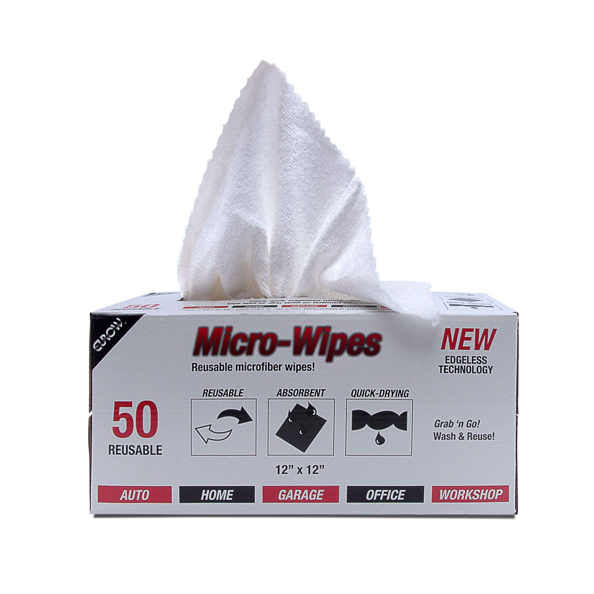 EurowReusable Microfiber Cleaning and Drying Wipes with Dispenser Box, 200GSM, 12 by 12 Inches, Pack of 50