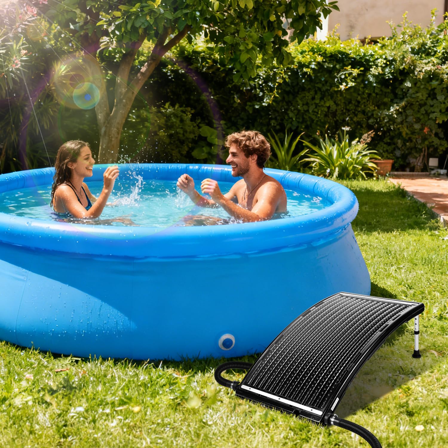 Calentador solar de piscina, colector solar 110 x 65 x 35 cm ajustable en altura, calentador solar de piscina 10000 L/H, conexión de 38 mm ampliable, para agua caliente de ducha de jardín