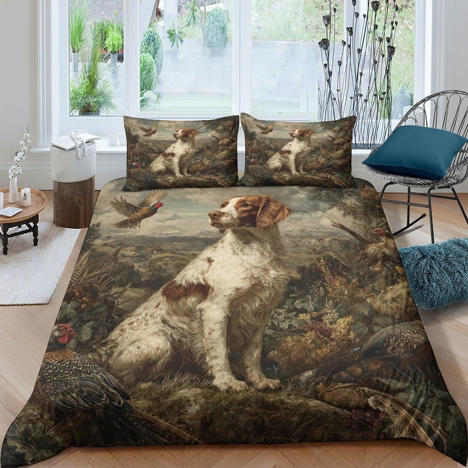 Ctjqhvkz Style-5 3D Printed Vintage Hunting Dog Fitted Sheet Microfiber Breathable Forest Scene Bed Cover For Bedroom Guest Room Single（135X200cm）