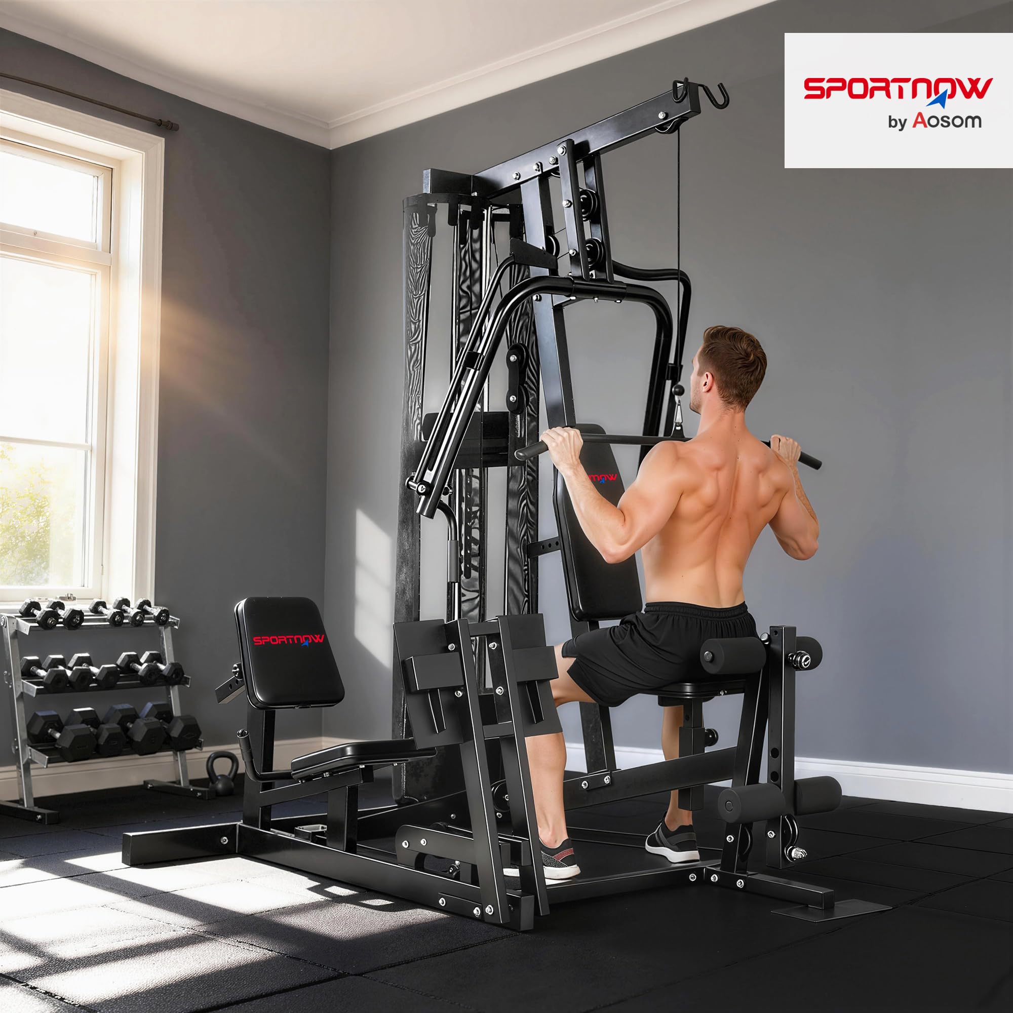 SPORTNOW Kraftstation mit Latzug Butterflystange 65kg Gewichten Seil | Fitnessstation, Beinpresse, Multifunktion Krafttraining, bis zu 120kg Belastbar, Trainingsstation für Zuhause