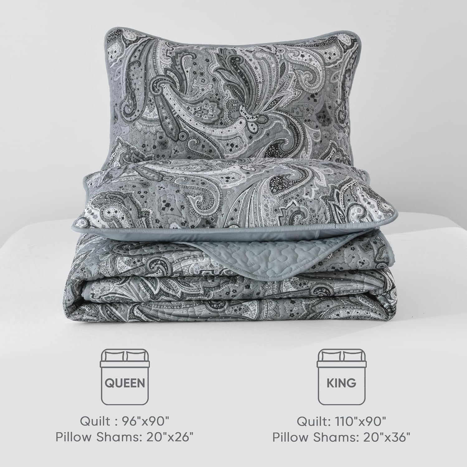 Grey Paisley Quilt Set California King Size - Boho Bedspread Coverlet Set 3 Pieces, Soft Lightweight Microfiber Dark Gray Paisley Floral Pattern Bedding for All Season, 112"x96" - Image 8