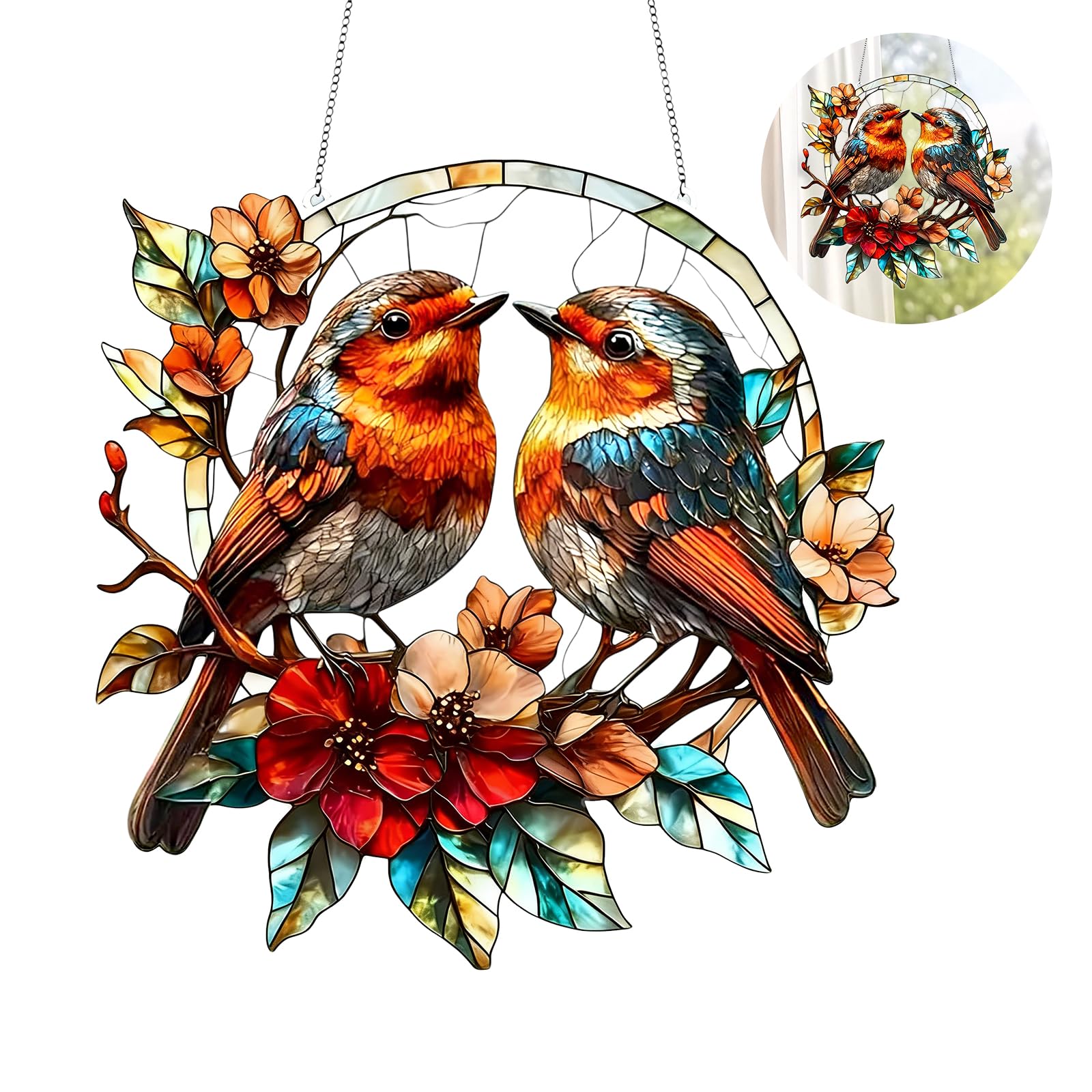 20 Cm Heart-Shaped Robin Suncatcher, Acrylic Window Hanging Ornament