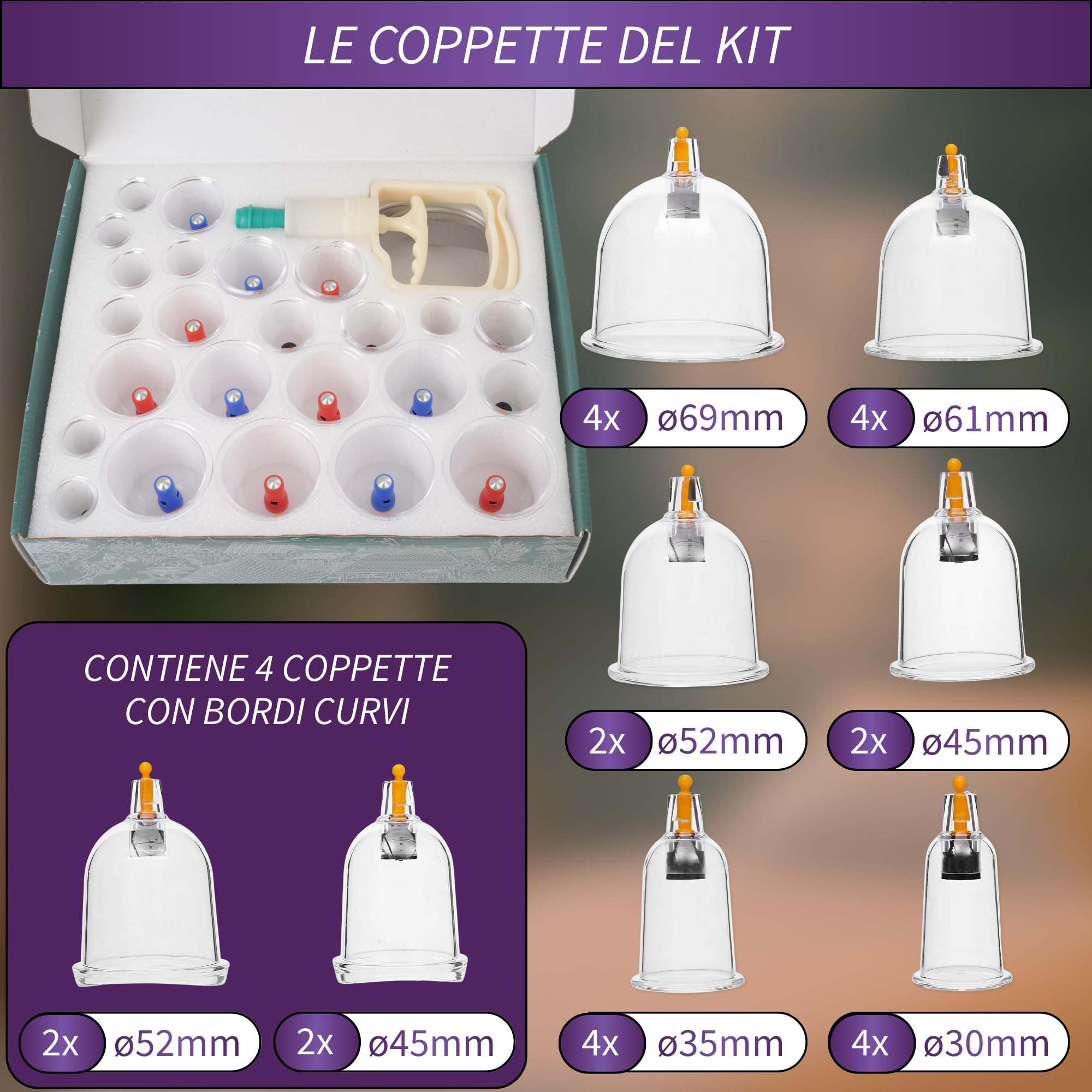 Uplife Set Coppettazione con 24 Coppette Massaggio Schiena - Per Cupping Therapy, Vacuum Terapia. Ventosa per Trattamento Cellulite e Sollievo dai Dolori Muscolari
