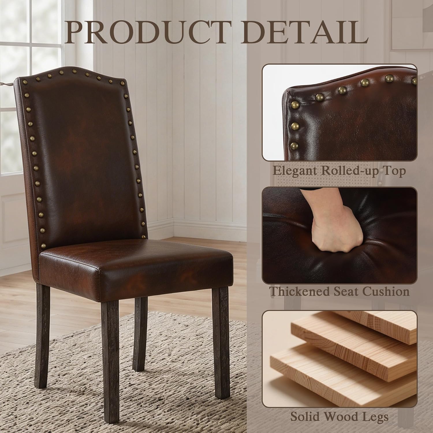 LSSBOUGHT PU Dining Chair Upholstered Parsons Kitchen Chair with Copper Nails and Solid Wood Legs for Dining Room,Restaurant (Dark Brown, 4PCS)
