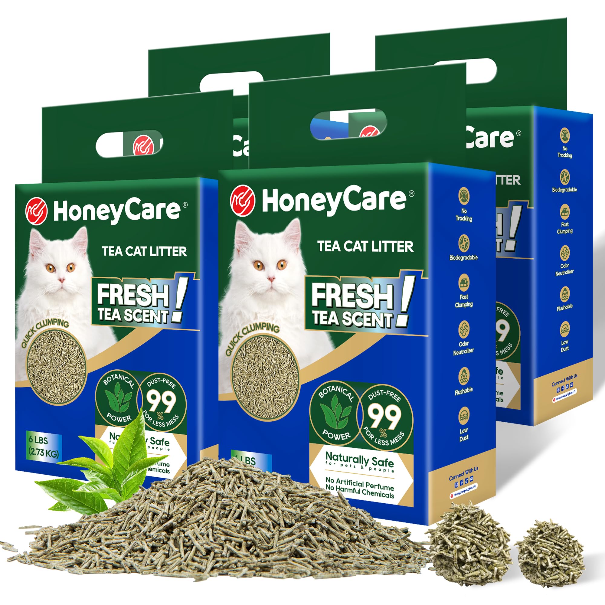 HONEY CARE Tea cat litter, Natural Green Tea Ingredients, No essence and pigment, Natural tea aroma, Low Dust, No Tracking, Fast Clumping, Superior Odor Control (6lbs*4)