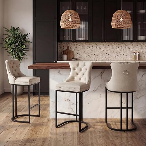 Miniatura 26 de UVV Juego de 4 taburetes de bar de altura de mostrador, taburetes de bar modernos de 26 pulgadas con respaldo, sillas de mostrador de tapicería