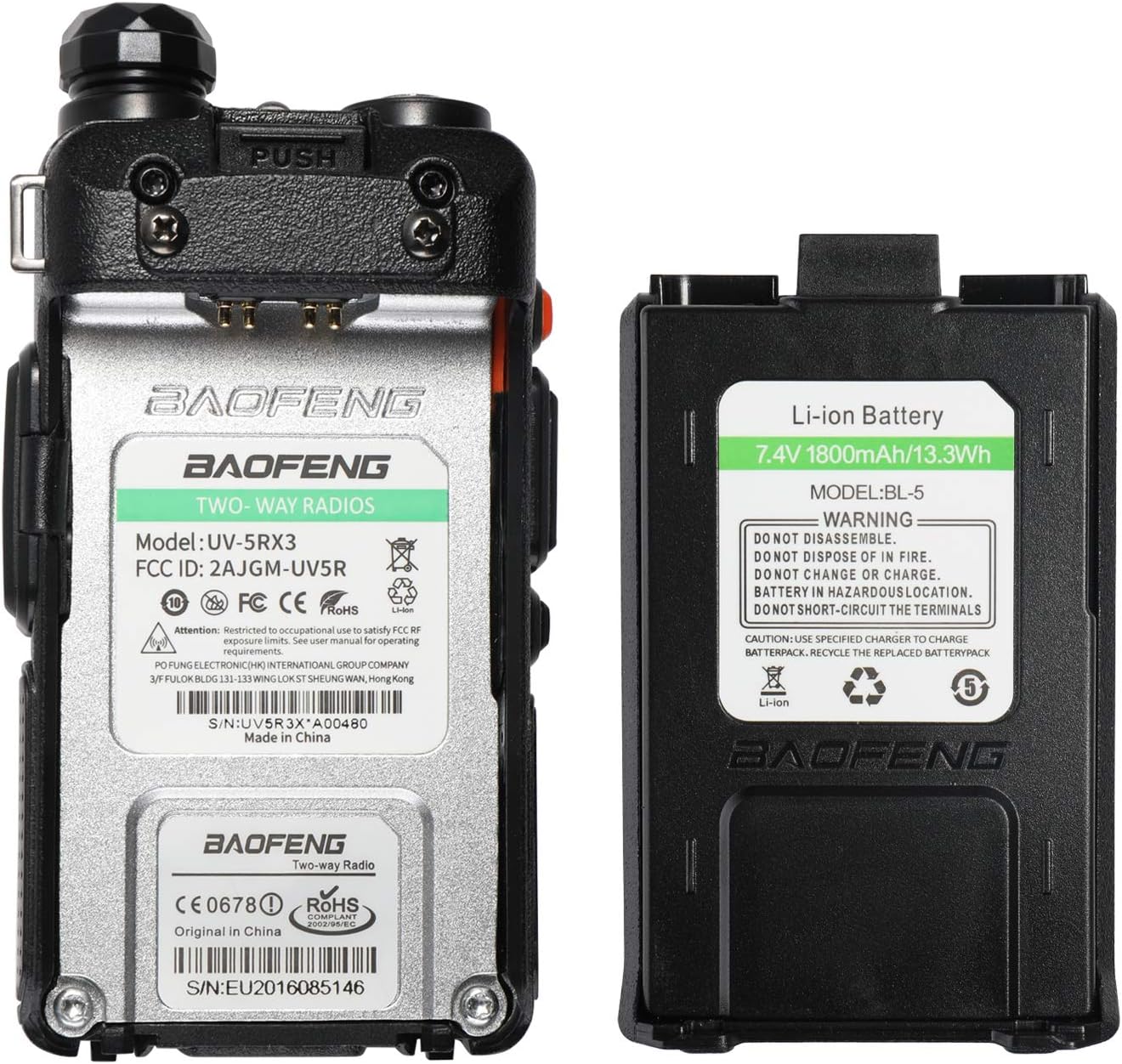 Back of Baofeng UV-5RX3 radio with battery removed and attached