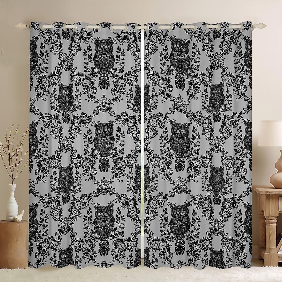 jejeloiu Adults Black owl Curtain (2 Panels, 52 x 84 Inch) Vintage Boho Damask Floral Baroque Style Window Drapes for Boys Girls Teens Halloween Theme Blackout Shades Room Decor