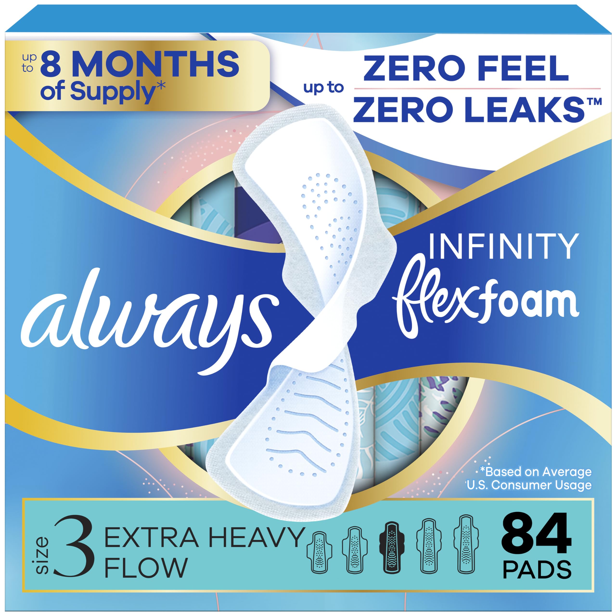 Infinity Feminine Pads for Women, Flexfoam Pads with Wings, Size 3, Extra Heavy Absorbency, Unscented, 84 Count (3 Packs of 28)