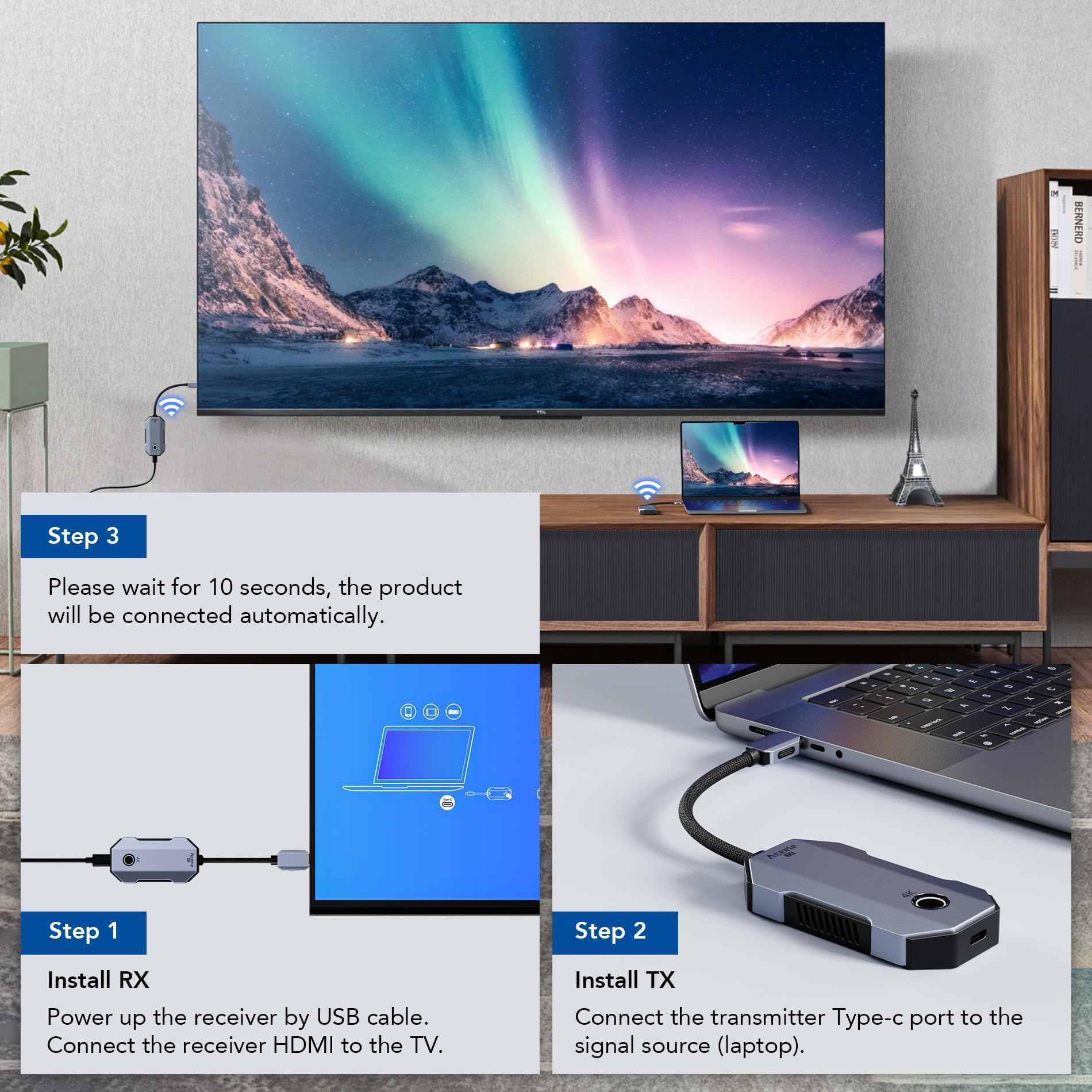 Aceele USB C a HDMI Wireless, 4K/30Hz Trasmettitore(con PD Ricarica) e Ricevitore Wireless HDMI Dongle, Portata 80M, 2,4/5G Streaming Video/Audio da Laptop, Telefono, iPad Pro a Monitor/TV/Proiettore