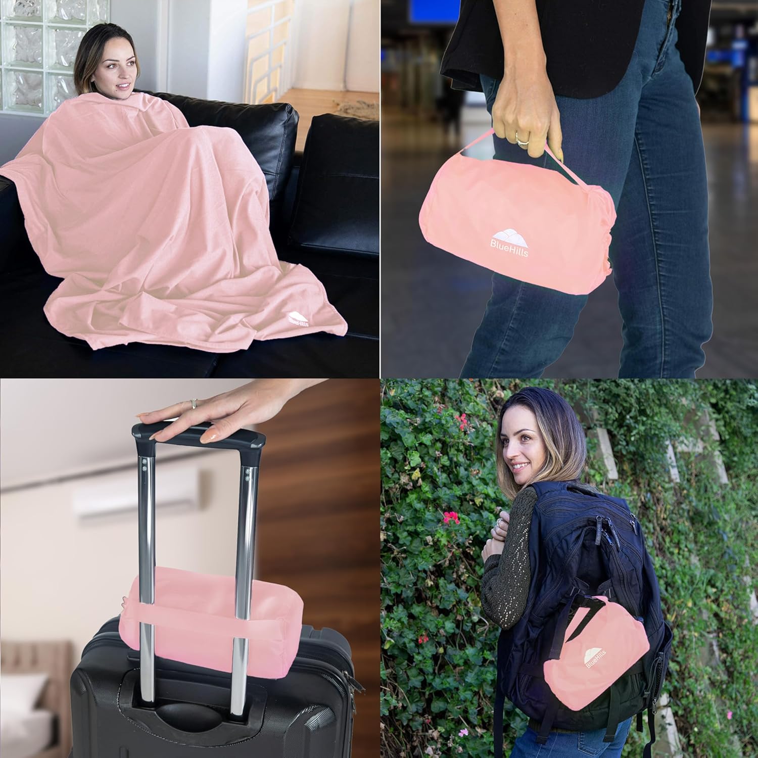 BlueHills Ultra Compact Travel Blanket Pillow in Portable Bag Case Soft with Strap Backpack Clip Premium Cozy Soft Compact Pack Large Blanket for Airplane Flight Layover - (Pink C006, 70 x 56 inch) - Image 2