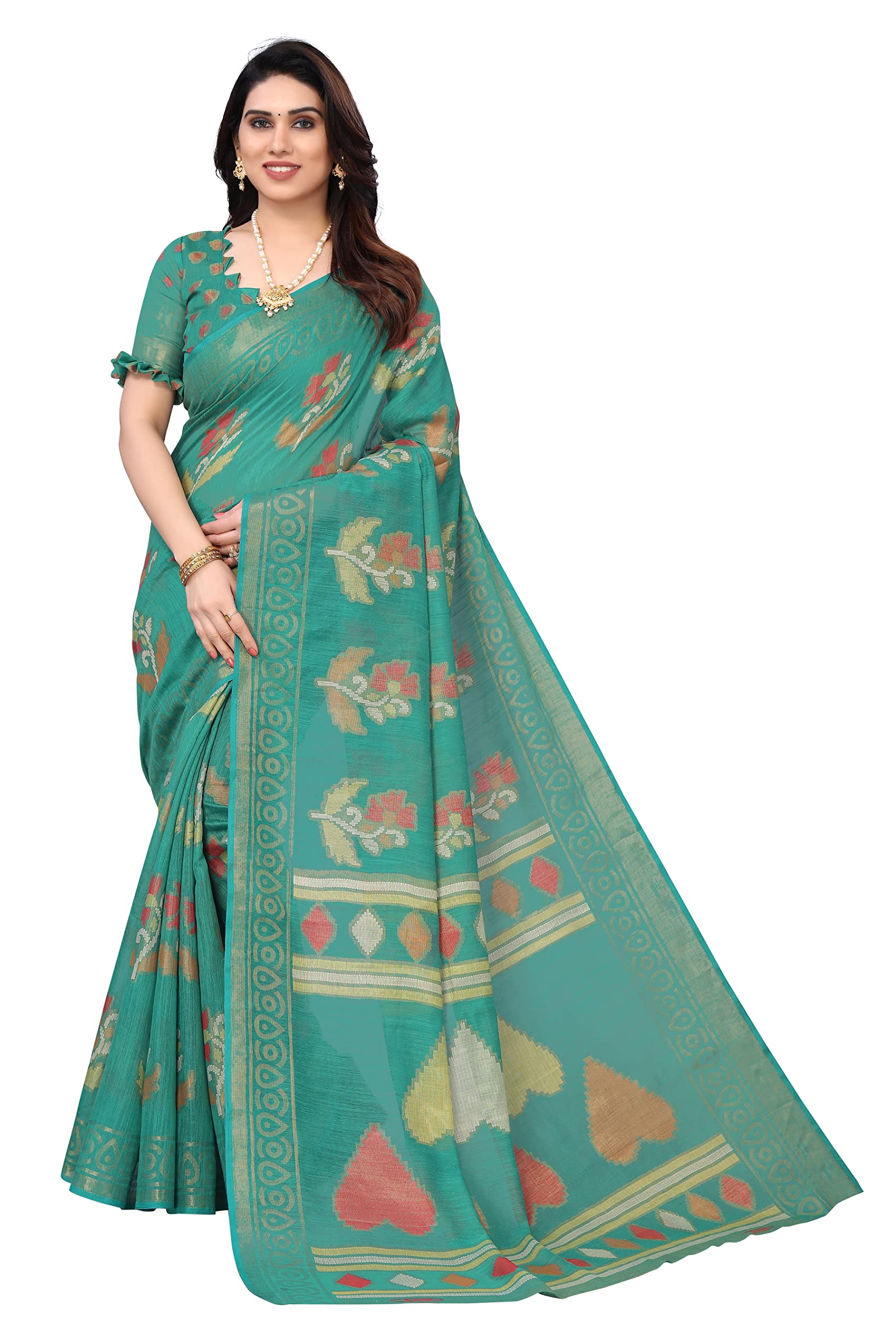 Amazon Brand - Anarva Women's Brasso Saree with Blouse Piece (AV Brasso Palkin Rama_Rama)