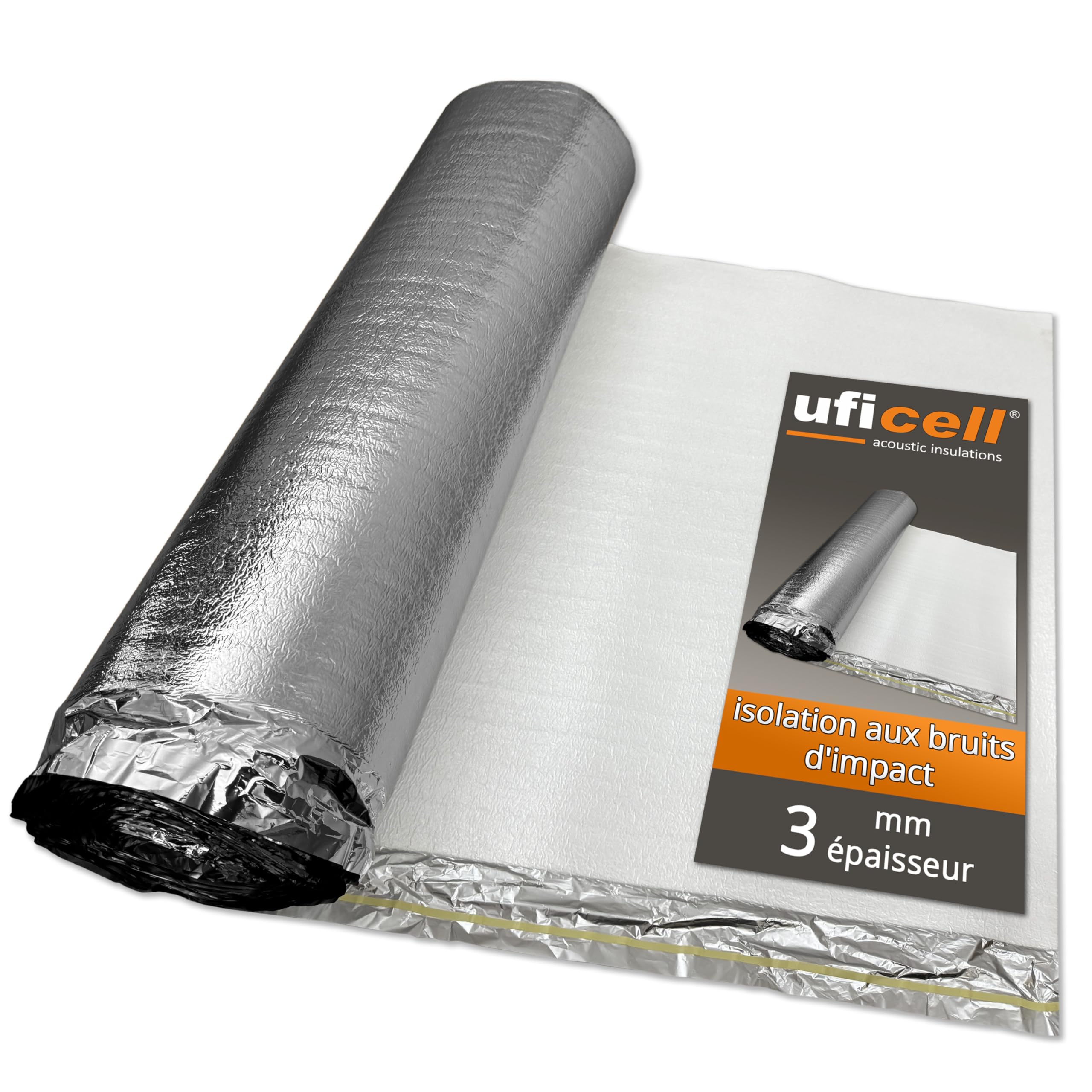 Sous-couche d'isolation acoustique aux chocs uficell® ALU Plus en mousse PE avec pare-vapeur en aluminium, idéale pour les sols stratifiés et parquetés, épaisseur : 3 mm (épaisseur 3 mm | 25 m²)