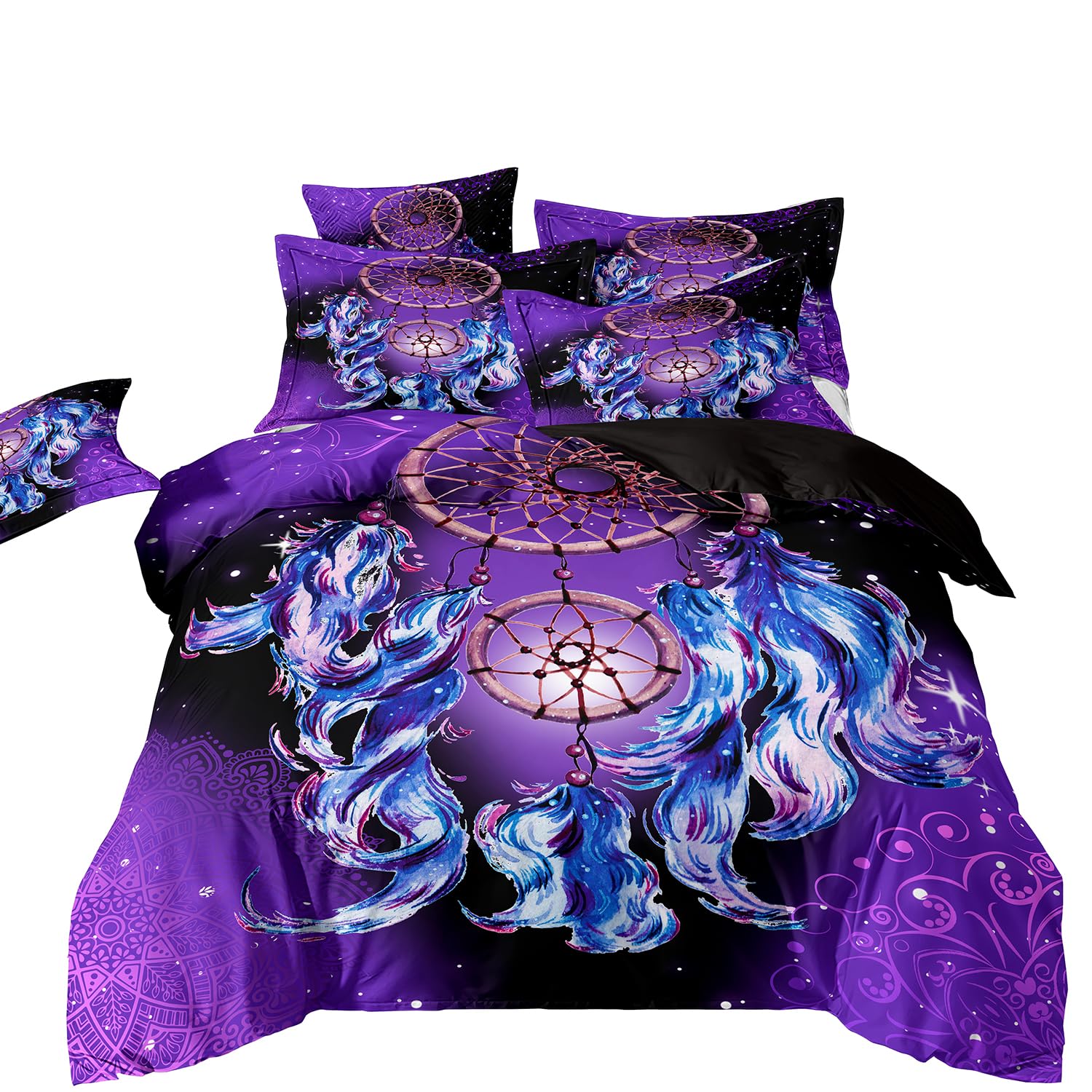 ZZTBQ Dream Catcher Kids Double Bed Duvet Cover and Pillow Cases Set Purple Butterfly & Feathers Bohemian Style Kids Double Bedding for Boys and Girls 200 x 200 cm