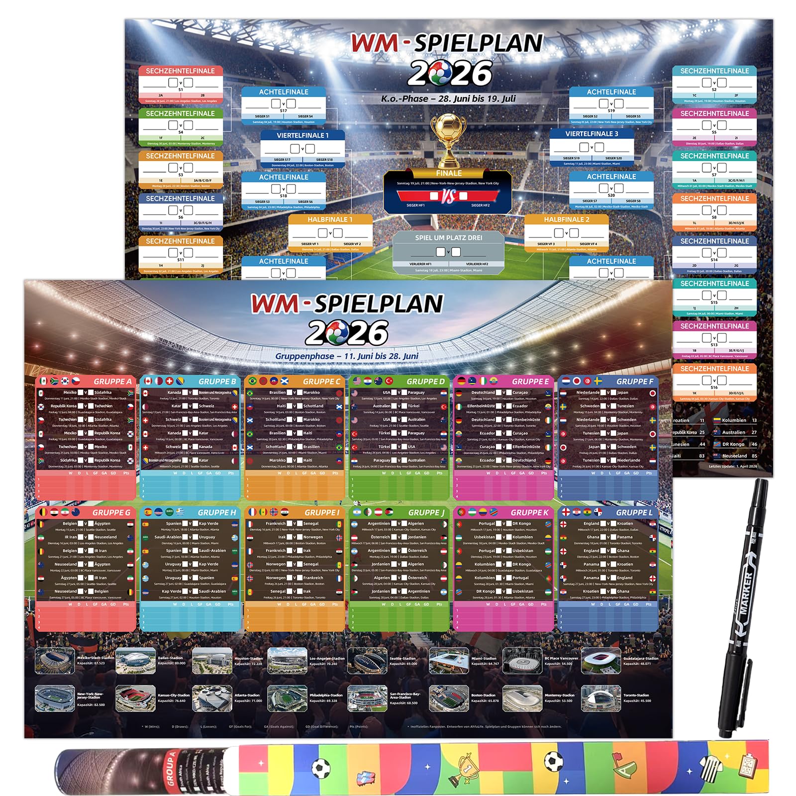 AhfuLife Fußball Spielplan 2026 Poster für Deko WM Fußball Party - Wiederverwendbar Fussball Planer - Enthält 48 Mannschaften Gruppen Knockout und Finale alle Ergebnisse der Spiele (A2 - Gerollt)