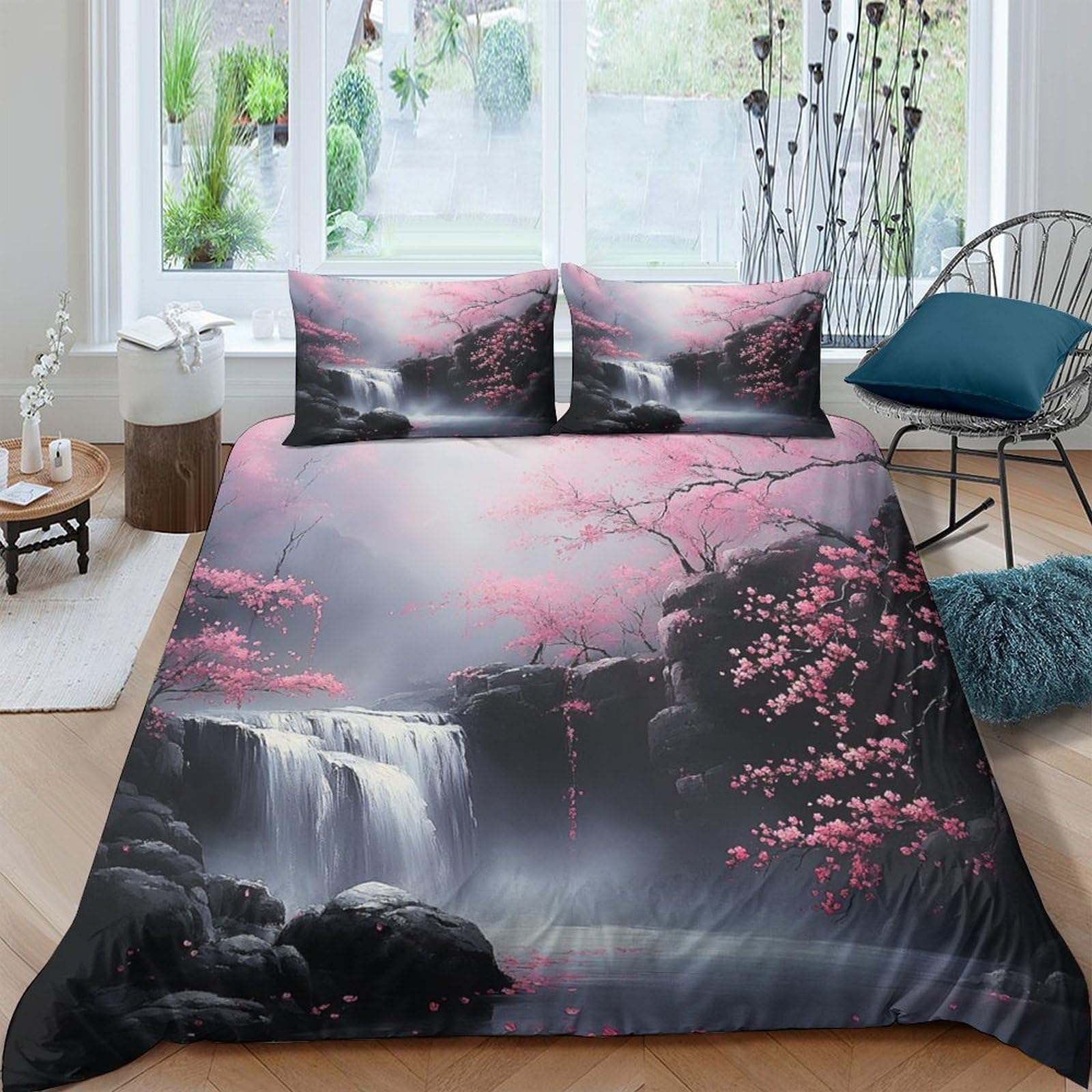 Ctjqhvkz Style-7 3D Printed Sakura Waterfall Fitted Sheet Microfiber Soft Bedroom Decor Cherry Blossom Bed Cover Anti-Dust Easy Care Single（135X200cm）