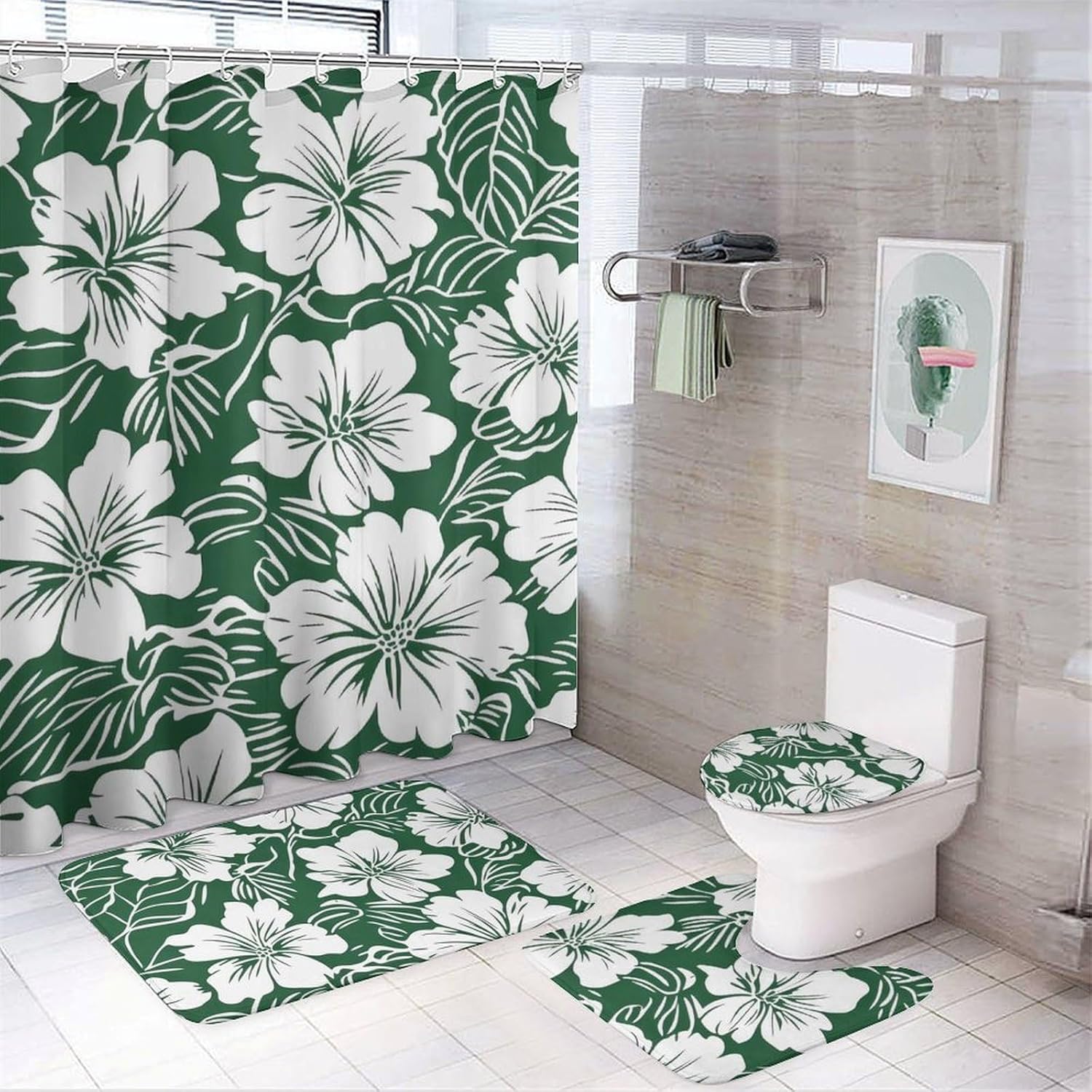 Hawaiian Floral Green Hawaii Flowers Bathroom Sets with Shower Curtain and Rugs 4 Piece with U-Shaped Floor Mat Toilet Lid Cover