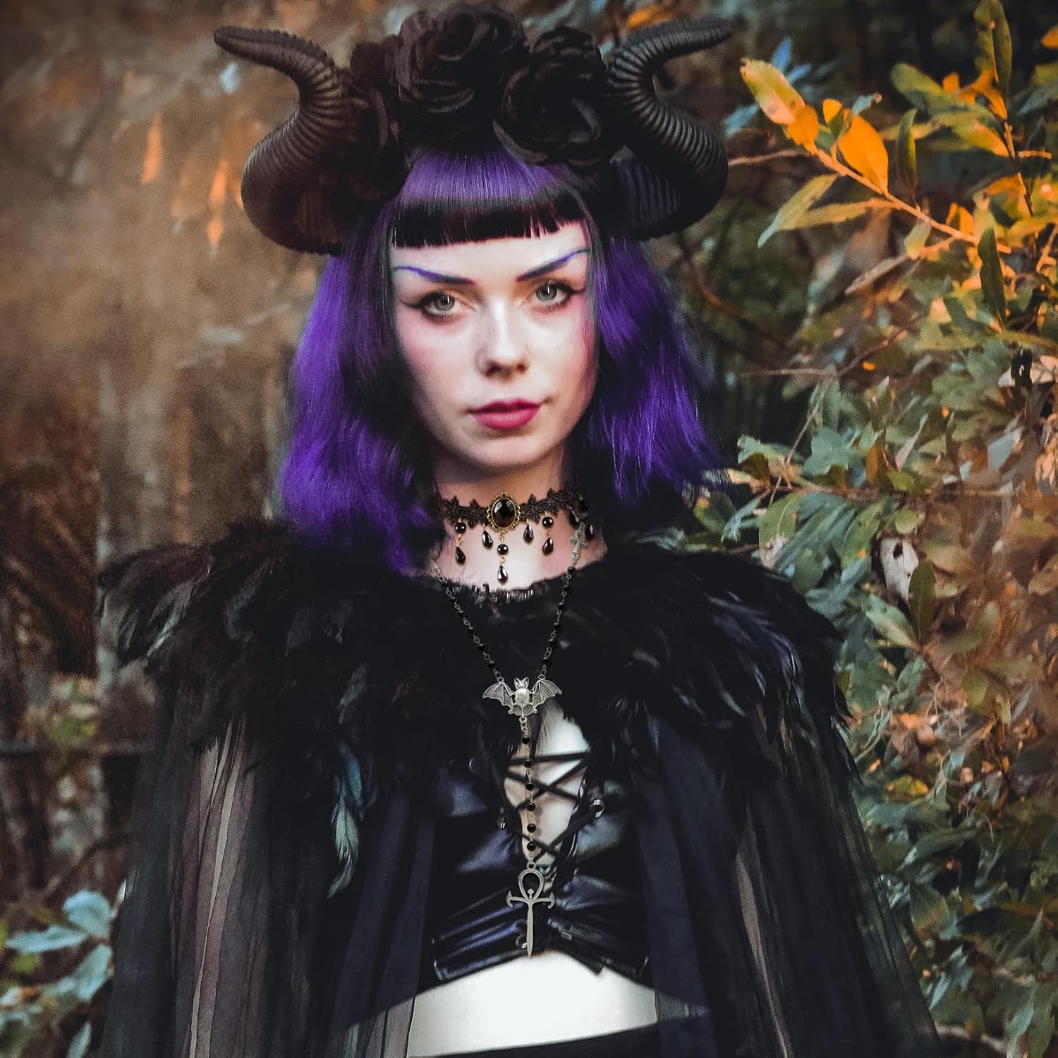 2pcs Halloween Gothic Necklaces Jewelry Set for Women Black Lace Collar Choker Ankh Cross Bat Necklace Goth Long Rosary Beads with Chunky Cross Pendant Necklace Gothic Vampire Accessory - Image 2