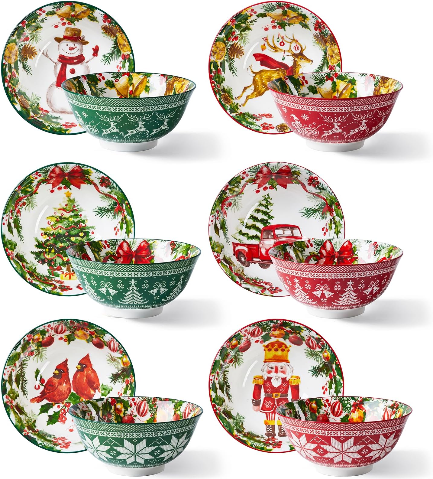 Christmas Ceramic Bowls, 23 Oz Cereal Bowl Set for Kitchen, Deep Soup Bowls for Dessert, Salad, Pasta, Ice Cream, Dishwasher and Microwave Safe, Set of 6