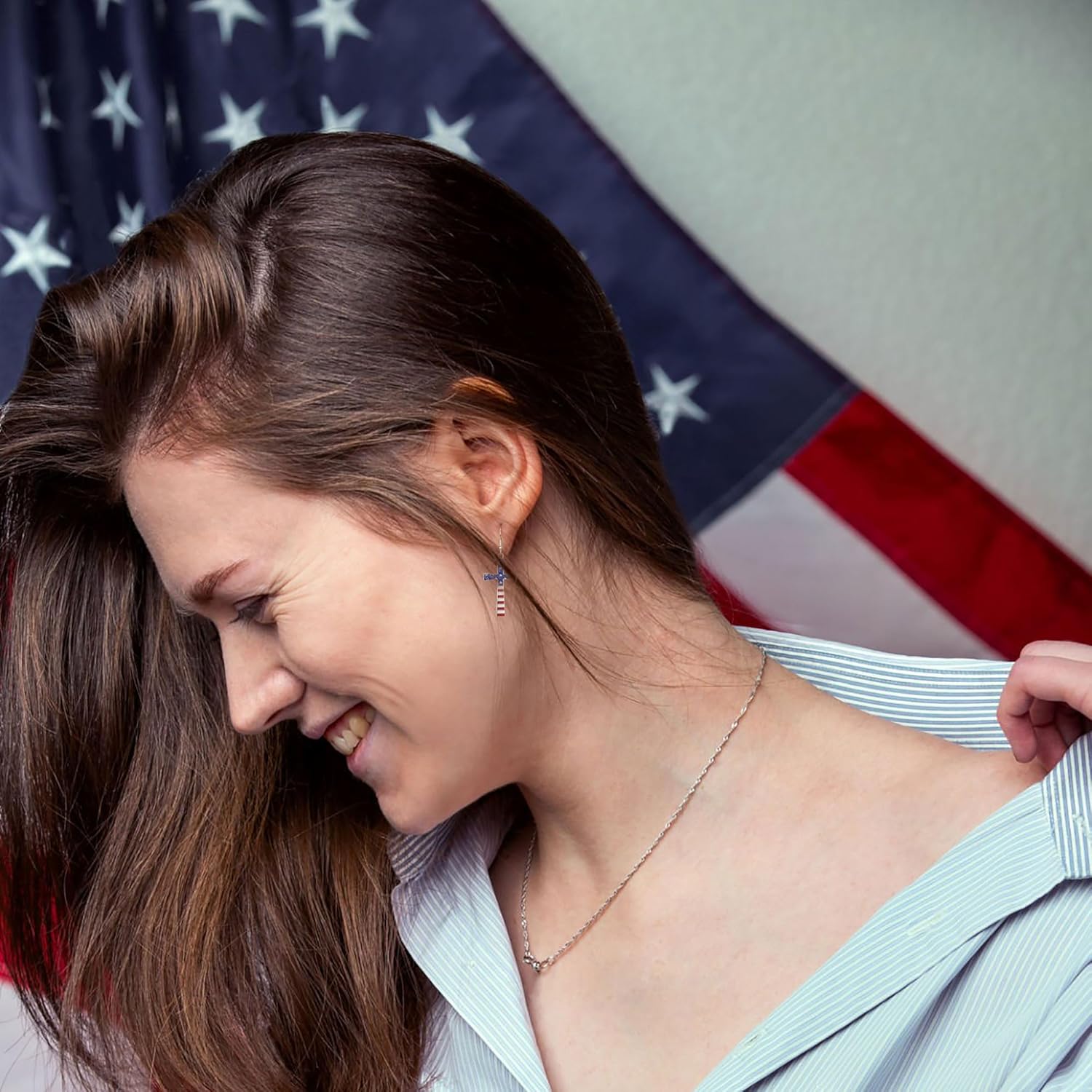 Patriotic American Flag Drop Earrings for Women - Red White and Blue USA Dangle Cross Earrings for 4th of July, Independence Day Jewelry Gifts - Image 2