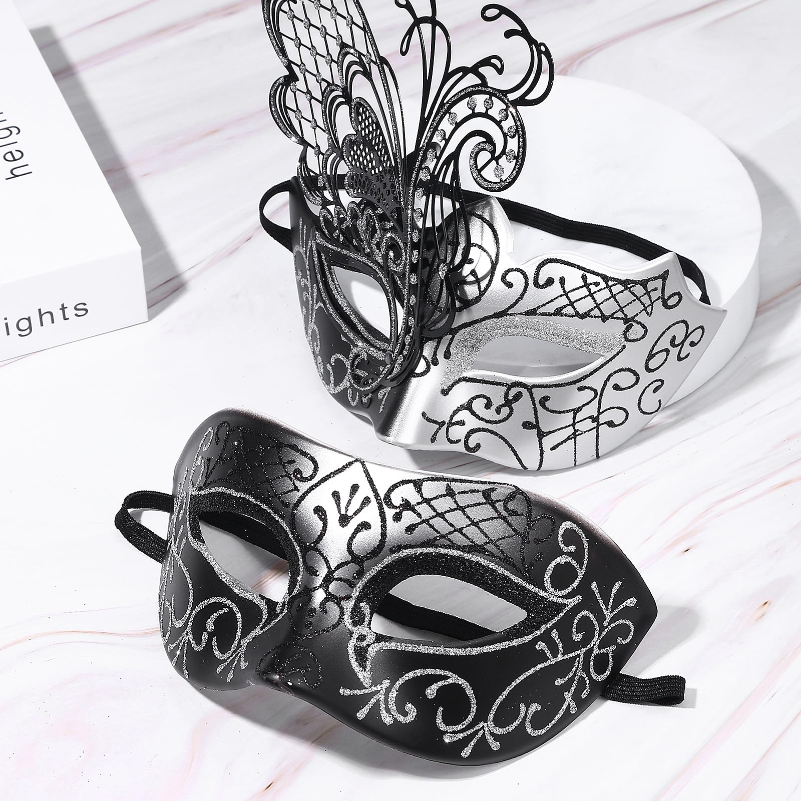 JewelryWe Venetian Carnival Pair Mask: 2 Pieces Ball Masks for Men Women Party Cosplay, Butterfly Silver - Image 2