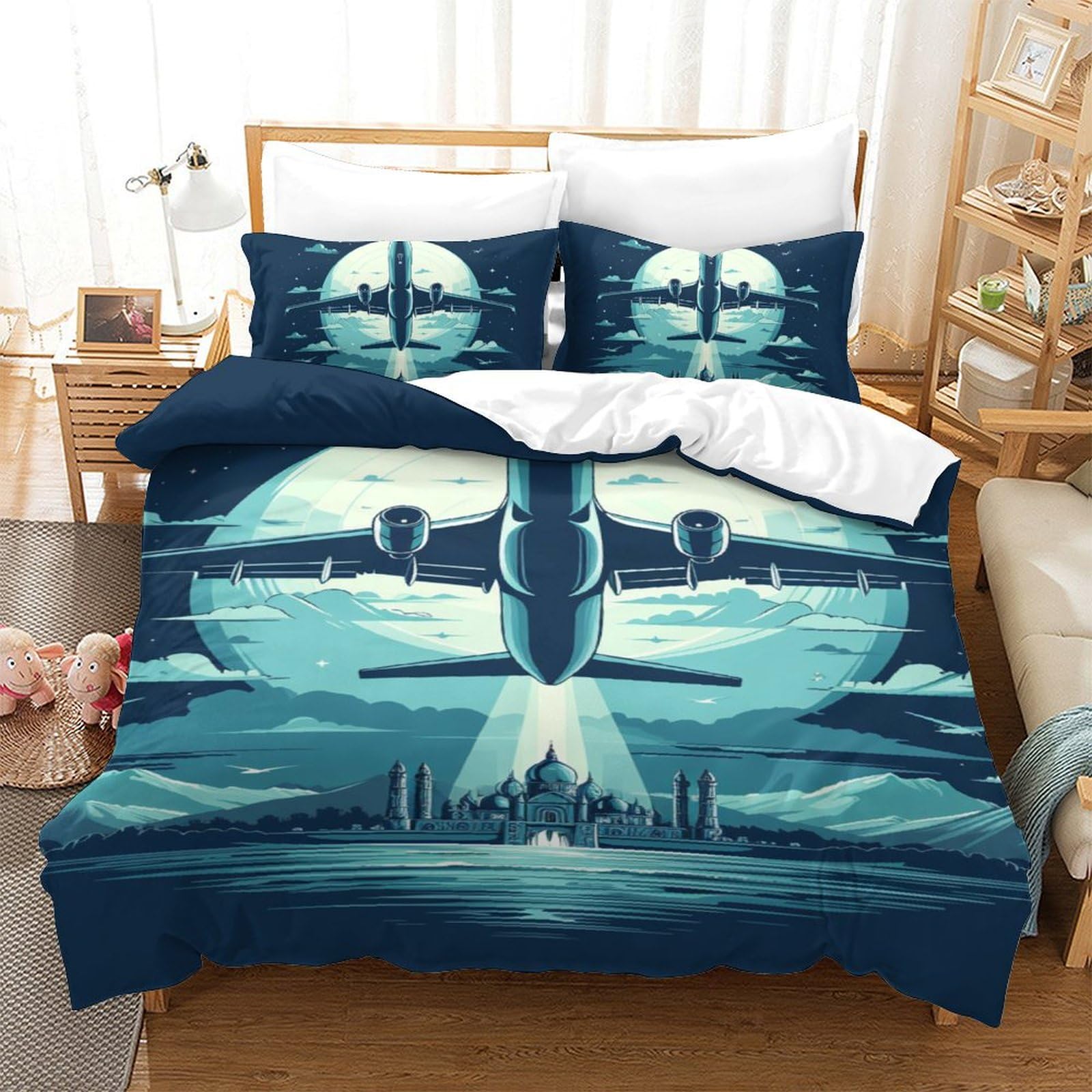 Housse de couette avion 140x200cm en microfibre avec 2 taies d'oreiller pour lit simple