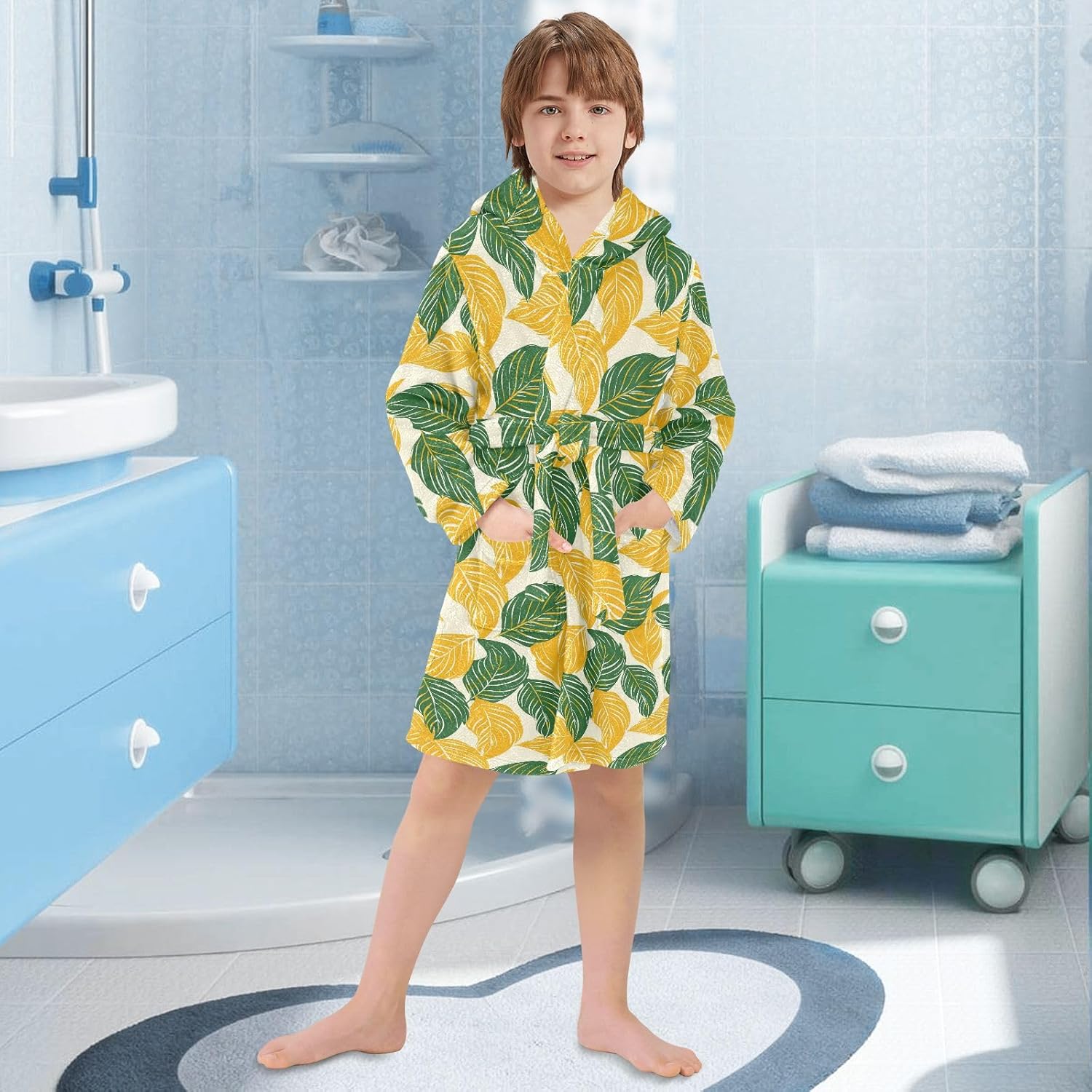 senya Yellow Leaf Toddler Hooded Bathrobe Kids Soft Plush Bath Towel Robes for Boys Girls 2-12 Years