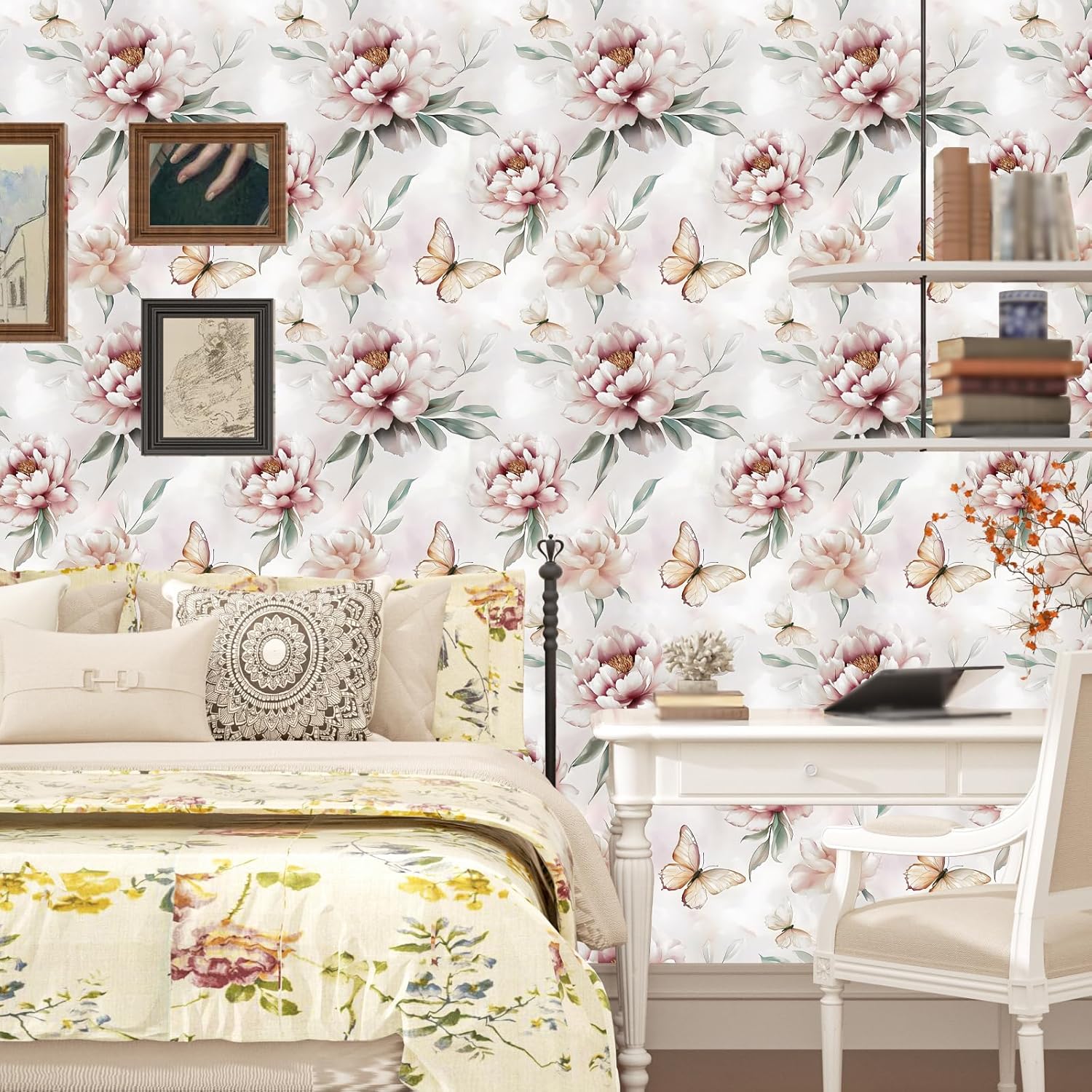 ILHIIOR Pink Peony Peel and Stick Wallpaper Boho Leaf Contact Paper Floral Removable Self Adhesive Waterproof Wall Paper for Cabinet Drawers Wall Decor Renter Friendly 17.5''x118''
