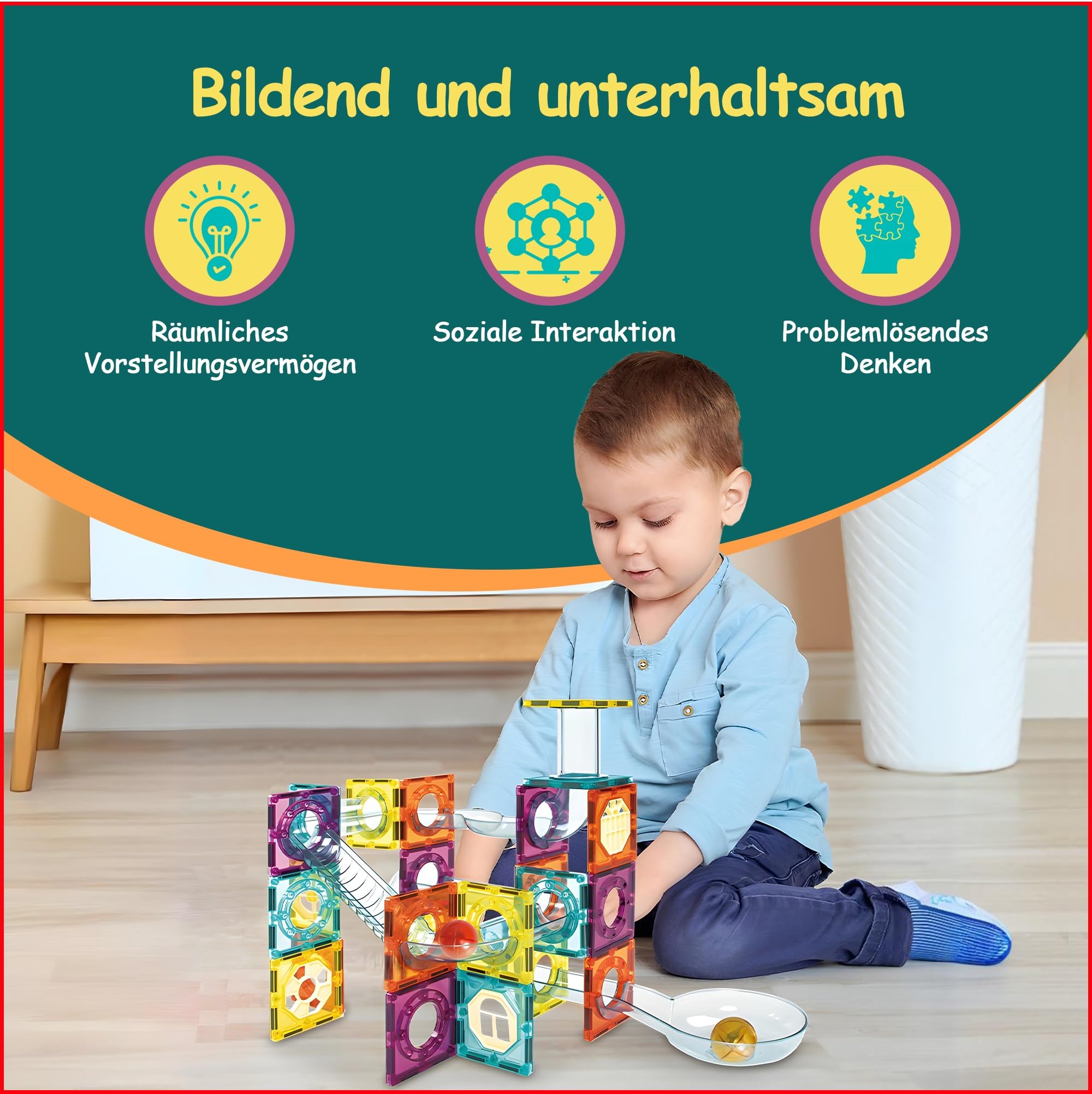Olvy Magnetische Bausteine Montessori Spielzeug - 100 Magnetic Tiles Kinder - Murmelbahn Magnetisches Konstruktionsspielzeug Ab 3 Jahre - Smart Playground Magnetbausteine, Magnetset Kinder