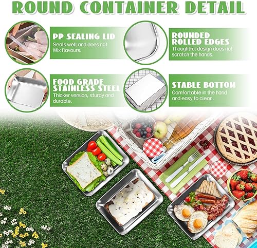 Miniatura 3 de POVOND 4 recipientes de acero inoxidable con tapas, almacenamiento de alimentos de acero inoxidable a prueba de fugas, recipientes de aperitivos de