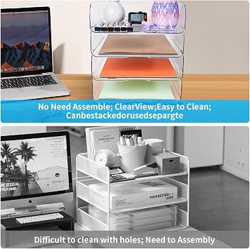 4 Pack Stackable Letter Tray for Desk, Clear File Organizer for Files, iPad, Letters, A4 Office Files, Books, Notes, Vertical