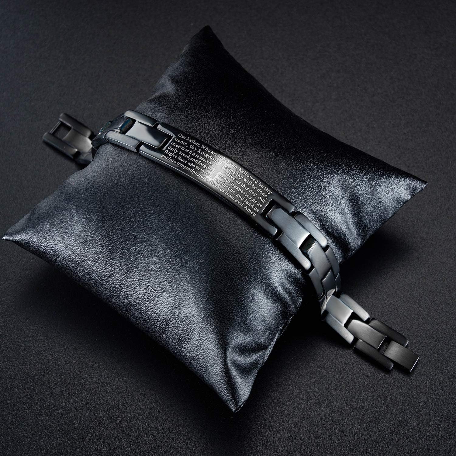 Bestdays Men's Vintage Stainless Steel Black Cross Silver English Bible Lords Prayer Religious Link Wrist Bracelet (cross middle, black, 7.9 inch) - Image 3