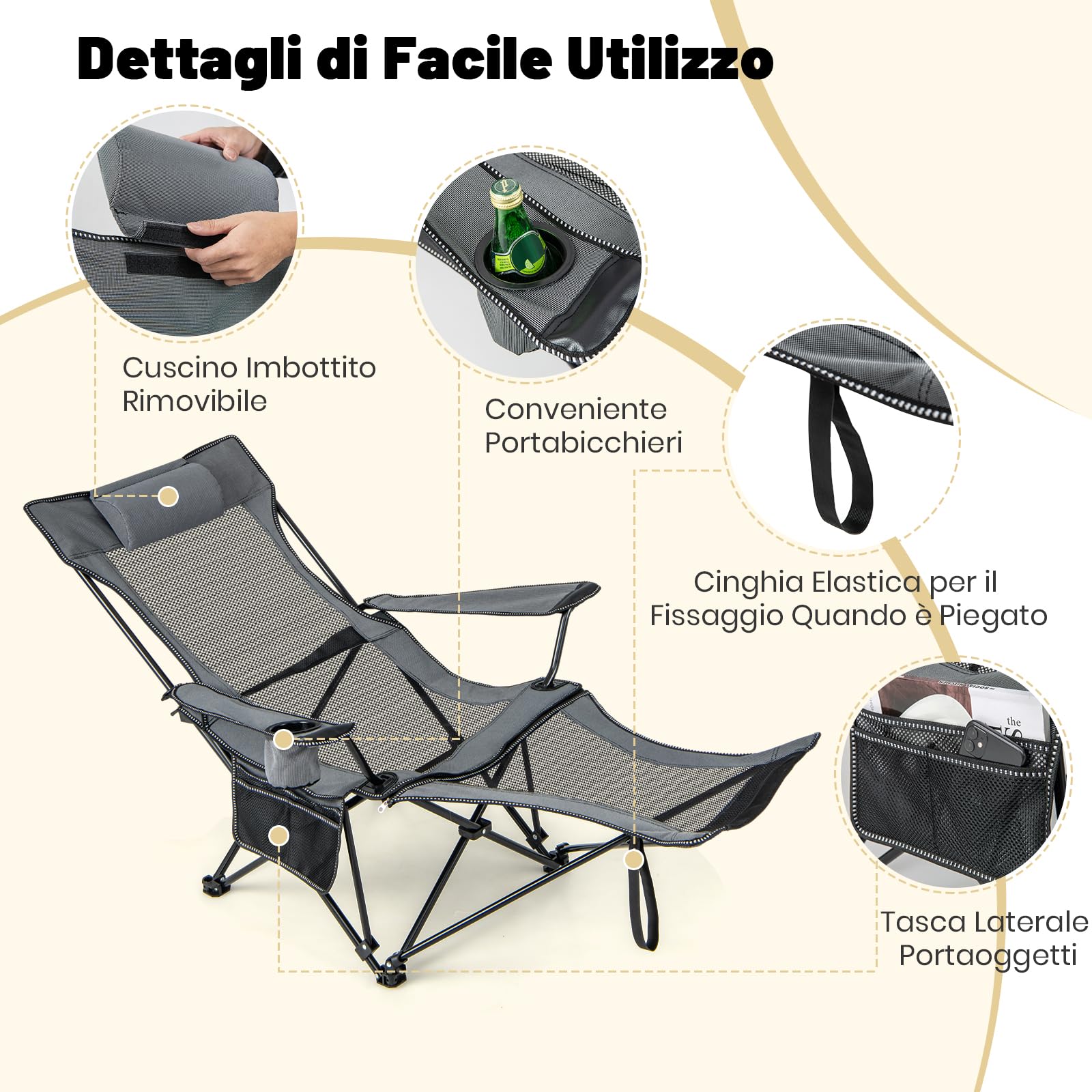 GYMAX Sedia da Campeggio, Sdraio da Spiaggia Pieghevole con Poggiapiedi Staccabile, Schienale Regolabile, Porta Bevande, Poggiatesta e Borsa da Trasporto, Sedia Reclinabile per Parco Patio(Grigio)