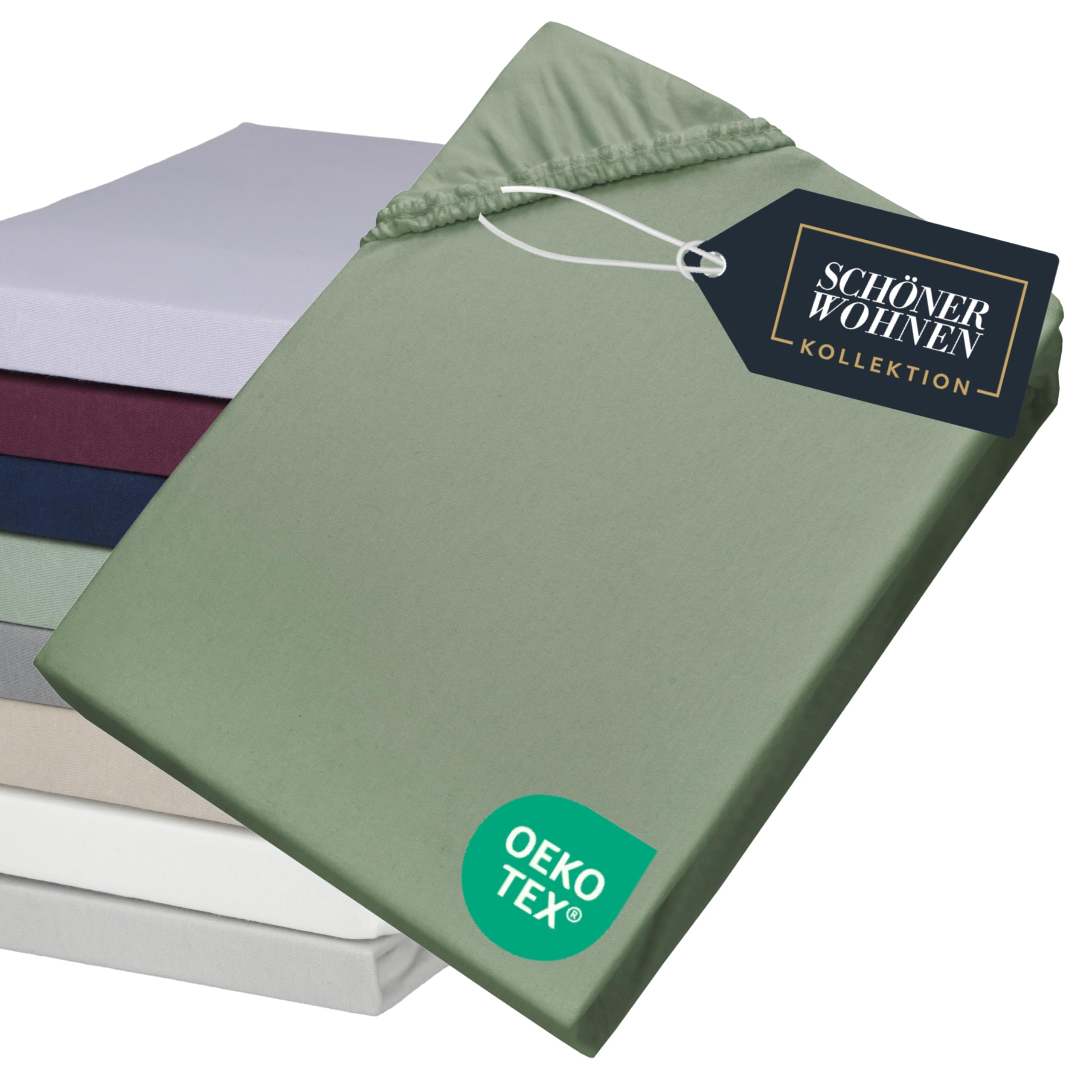 SCHÖNER WOHNEN Spannbettlaken 180x200cm Grün bis 200x200cm - Luxus Spannbetttuch aus Jersey-Baumwolle Öko-Tex Bed Sheets - für Matratzen bis 30 cm Steg hoch & Boxspringbett - Bettlaken King