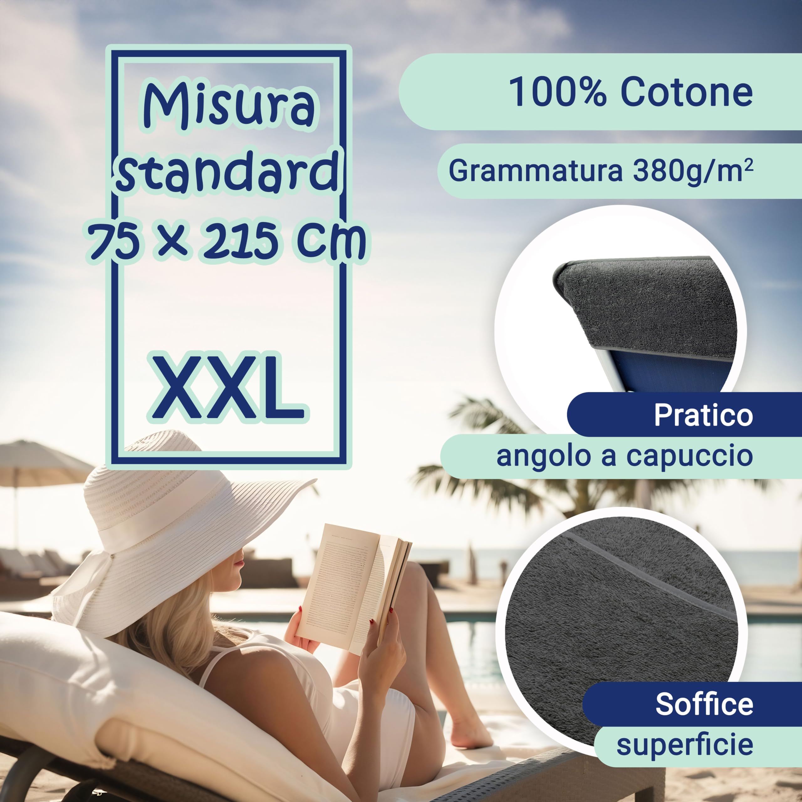 ZOLLNER Telo mare lettino con angoli 75x215 cm Asciugamano da spiaggia grigio scuro Super morbido Assorbente Cotone Certificato Oeko-Tex