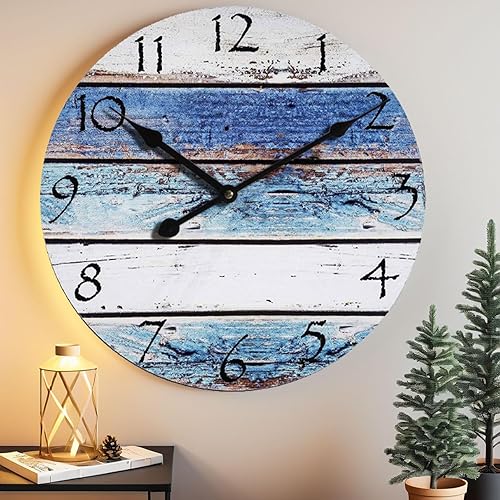 Reloj de pared costero silencioso de 24 pulgadas, funciona con pilas, para sala de estar, cocina, reloj azul grande sin tictac para dormitorio,