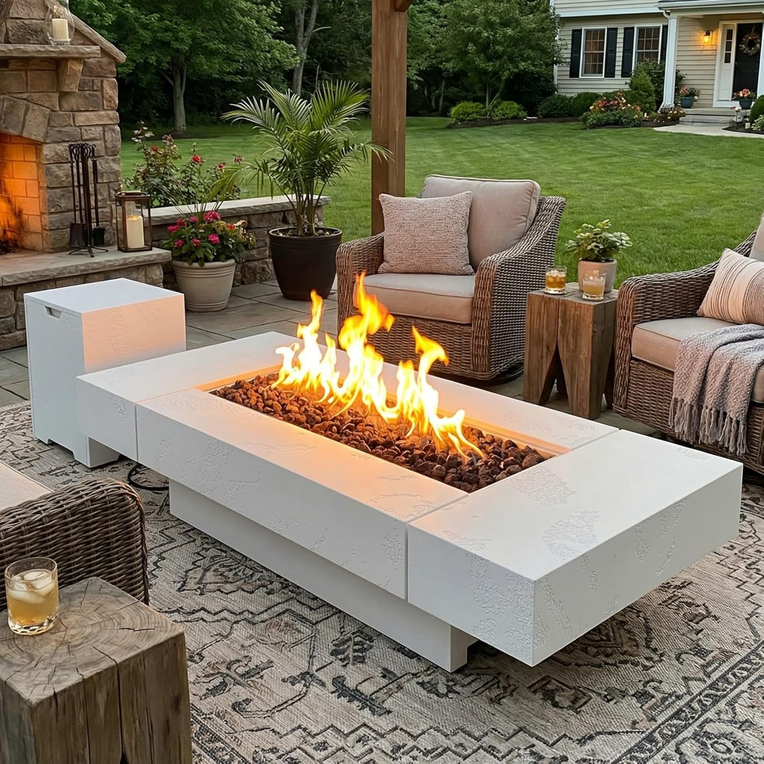 71.5" Outdoor Fire Pit Table with Propane Tank Cabinet, 60000 BTU Heat, Wind Guard, Zinc-Aluminum, Distressed Wood Grain, for Patio Backyard Garden 71.5”W x 29.8”D x 15.5”H
