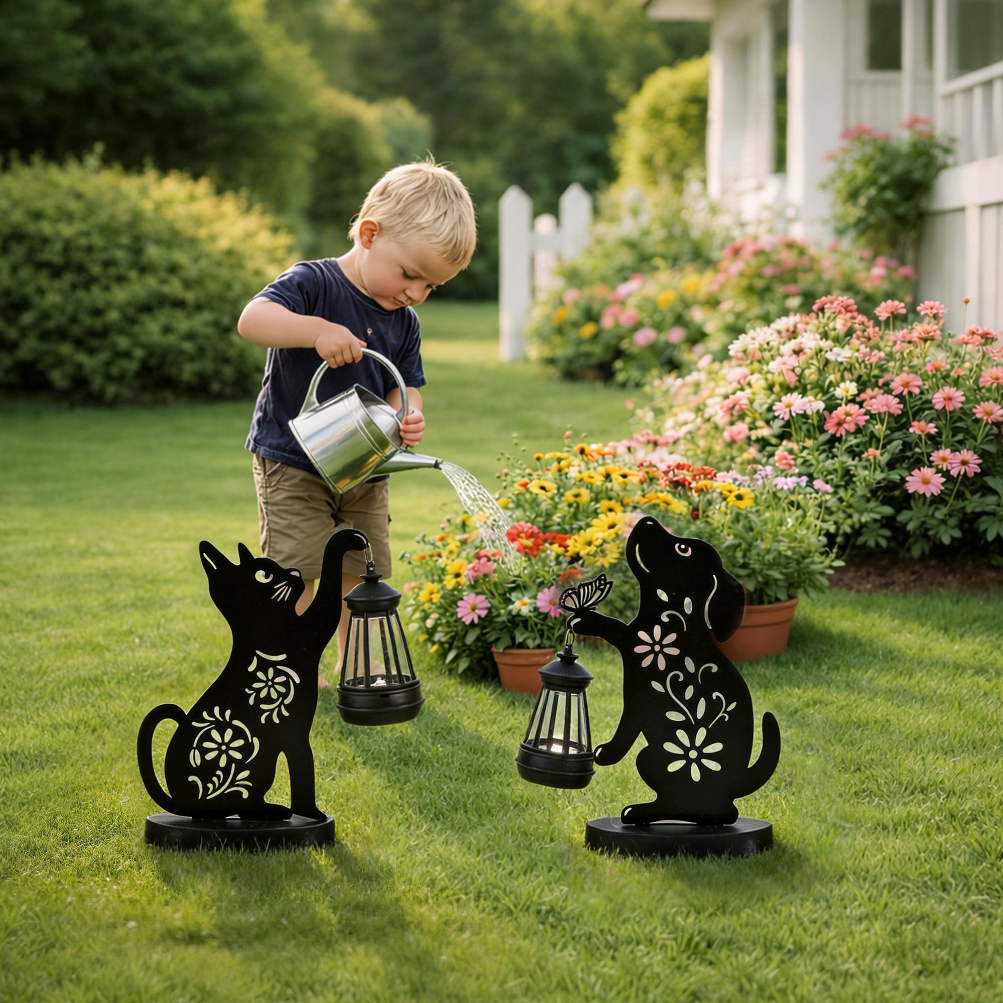 GIGALUMI Eiserne Katzen Hunde Statue Gartendeko, Geschenk für Mama, Geschenk für Frauen, Solar Katzen Hunde Gartendeko für Draußen Wetterfest, Outdoor Gartenstatuen Deko für Terrasse, Hof(2 Stück)