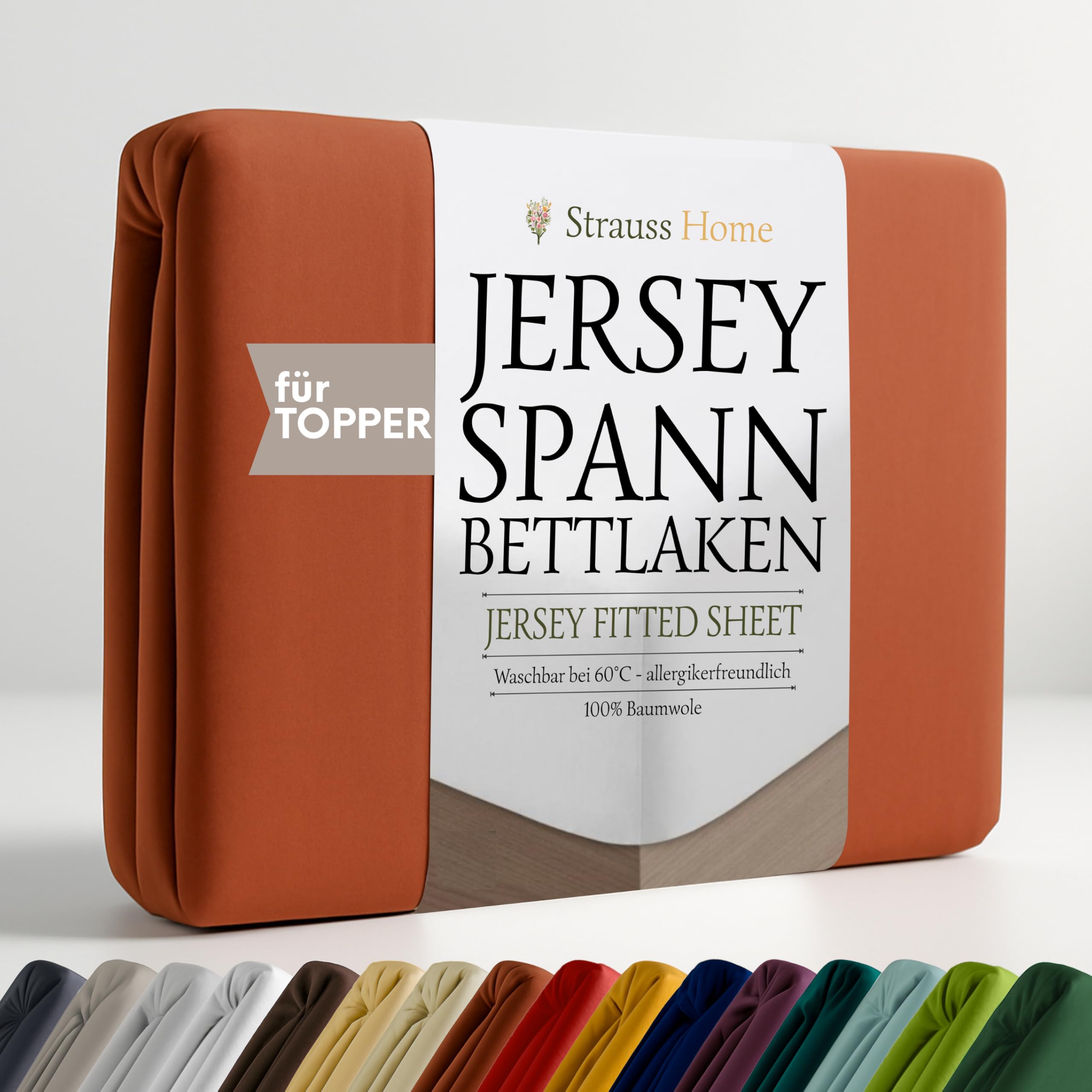 Strauss Home® Jersey Spannbettlaken Spannbetttuch Bettlaken 100% Baumwolle Topper (10cm Höhe) 180x200-200x200cm Zimtrot/Mandel